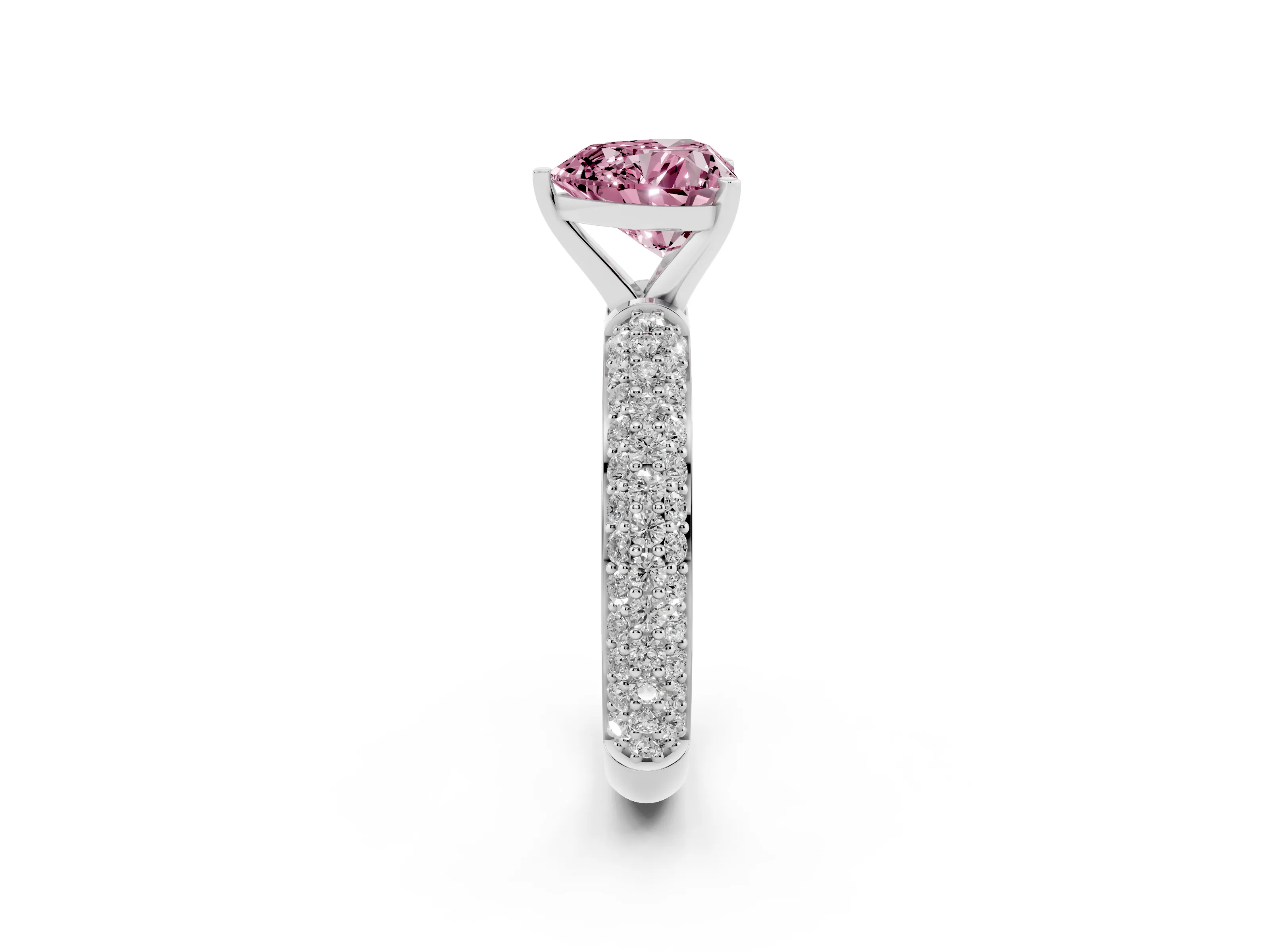 Fancy Pink Heart Cut Diamond Solitaire Ring Set in Silver with Prong Setting and Pavé-Set Band