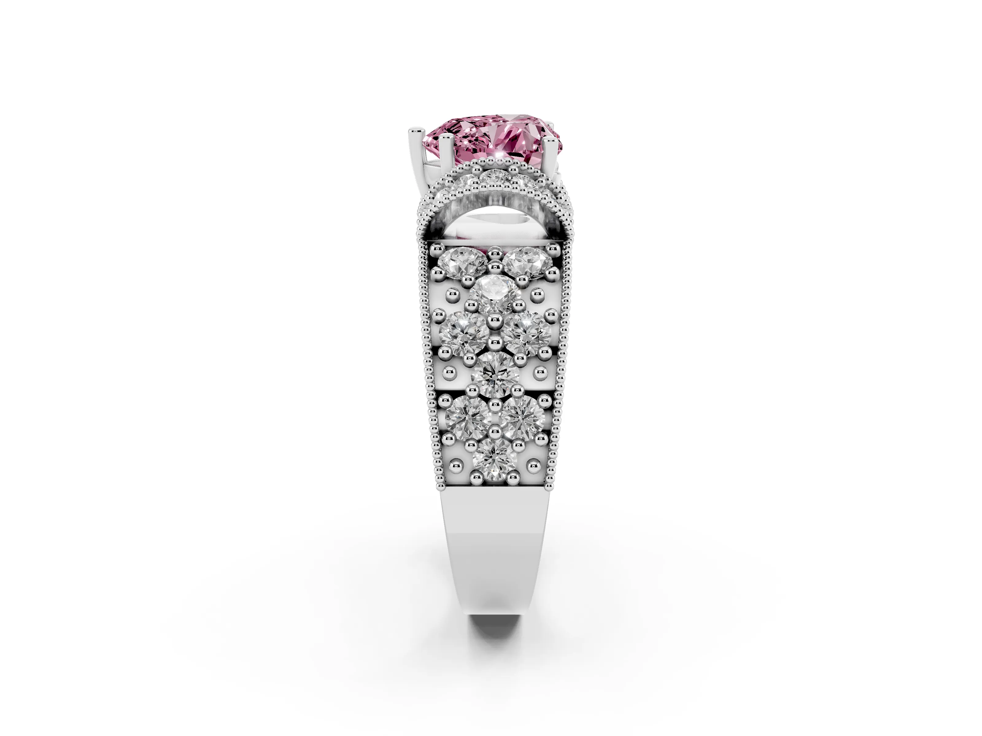 Fancy Pink Heart Cut Diamond Milgrain Halo Pavé Engagement Ring Set in Silver with Prong Setting