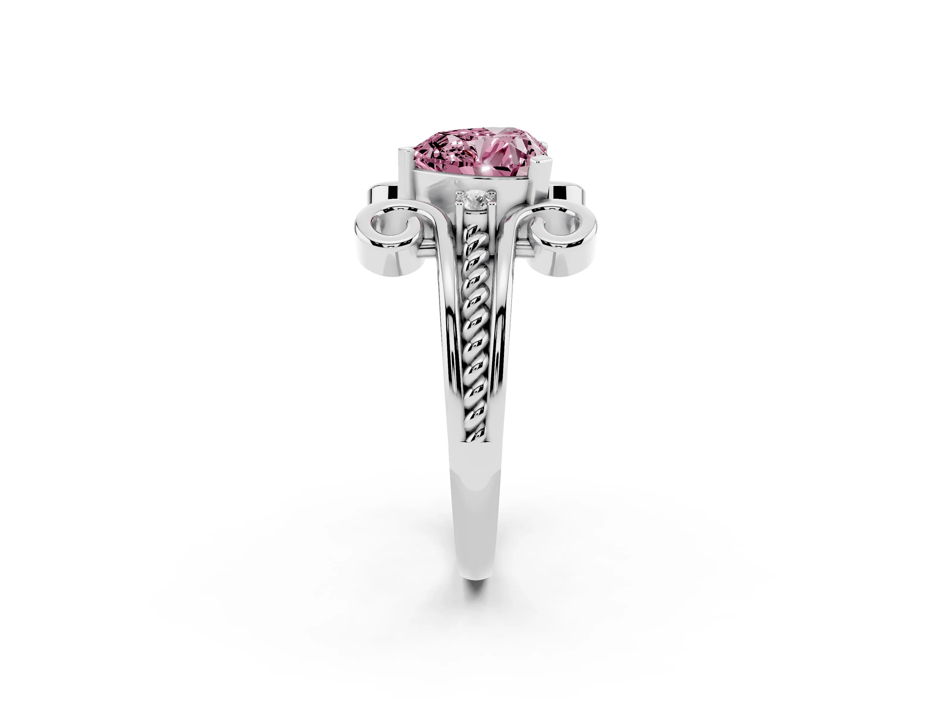Fancy Pink Heart Cut Diamond Twisted Band Solitaire Ring Set in Platinum with Scroll Prongs