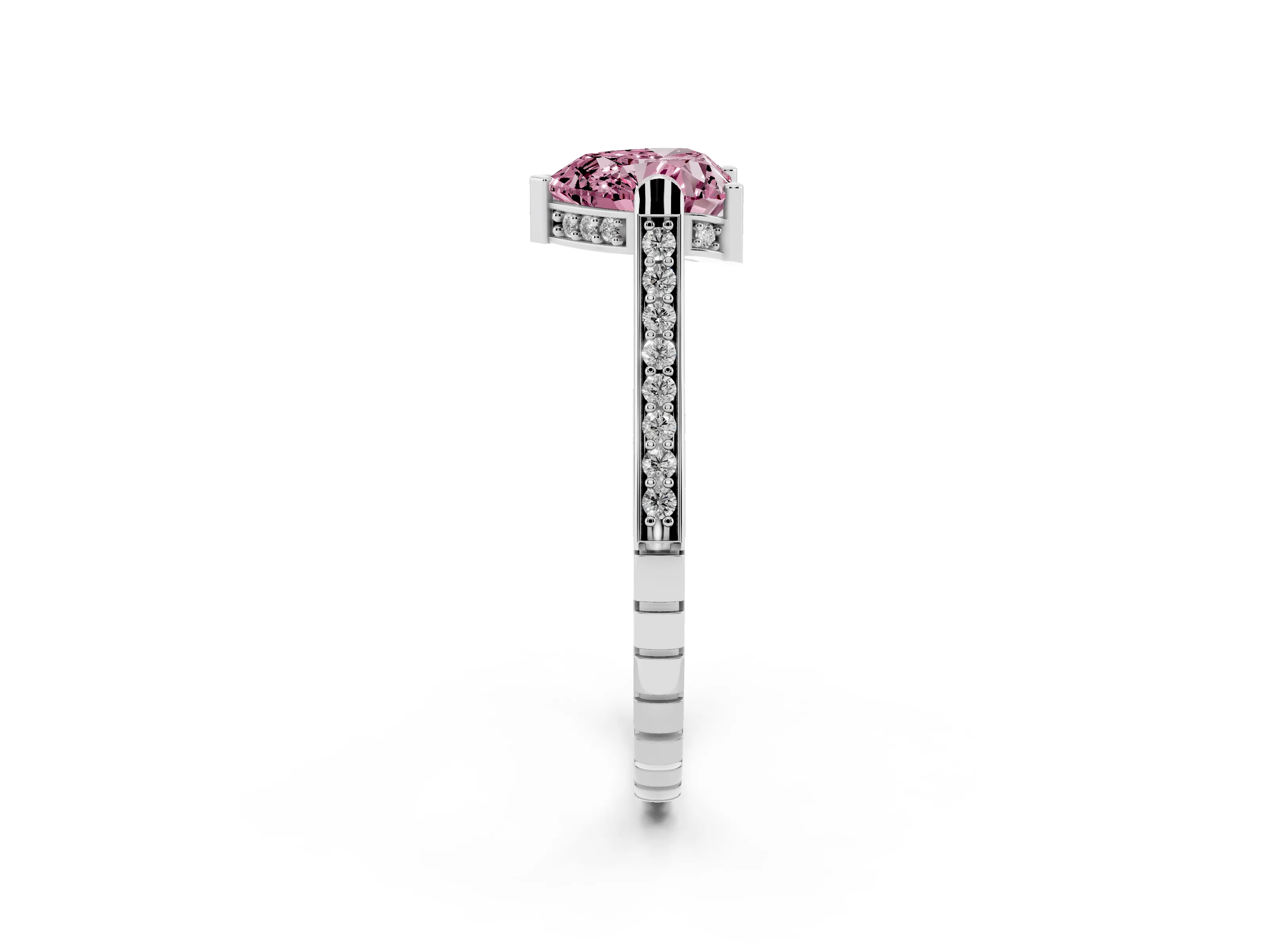Fancy Pink Heart Cut Diamond Solitaire Ring Set in White gold with Channel Set Band and Bezel Prong Setting