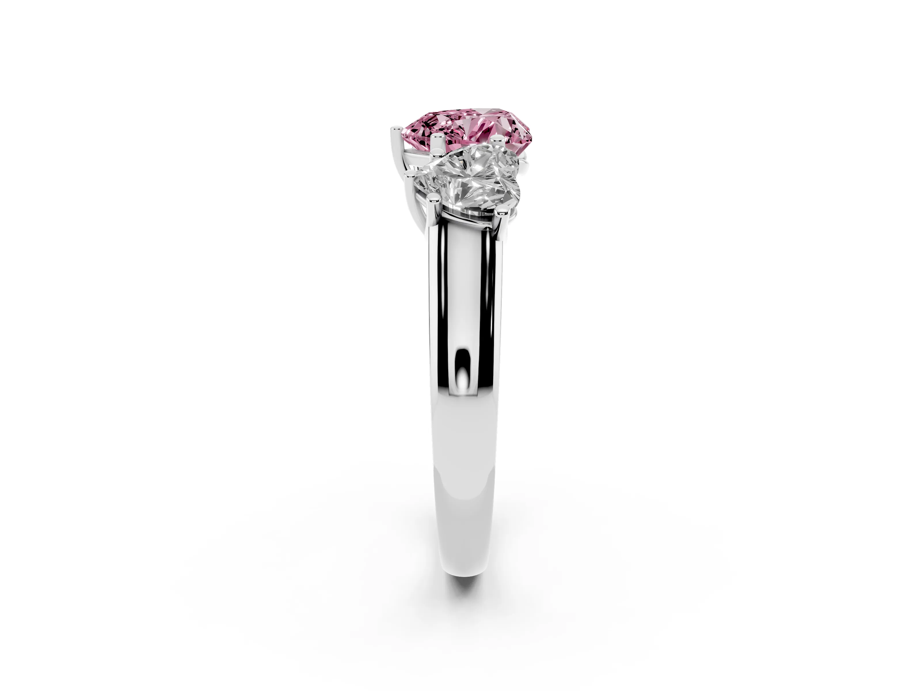 Fancy Pink Heart Cut Diamond Three-Stone Ring Set in Silver with Plain Polished Band