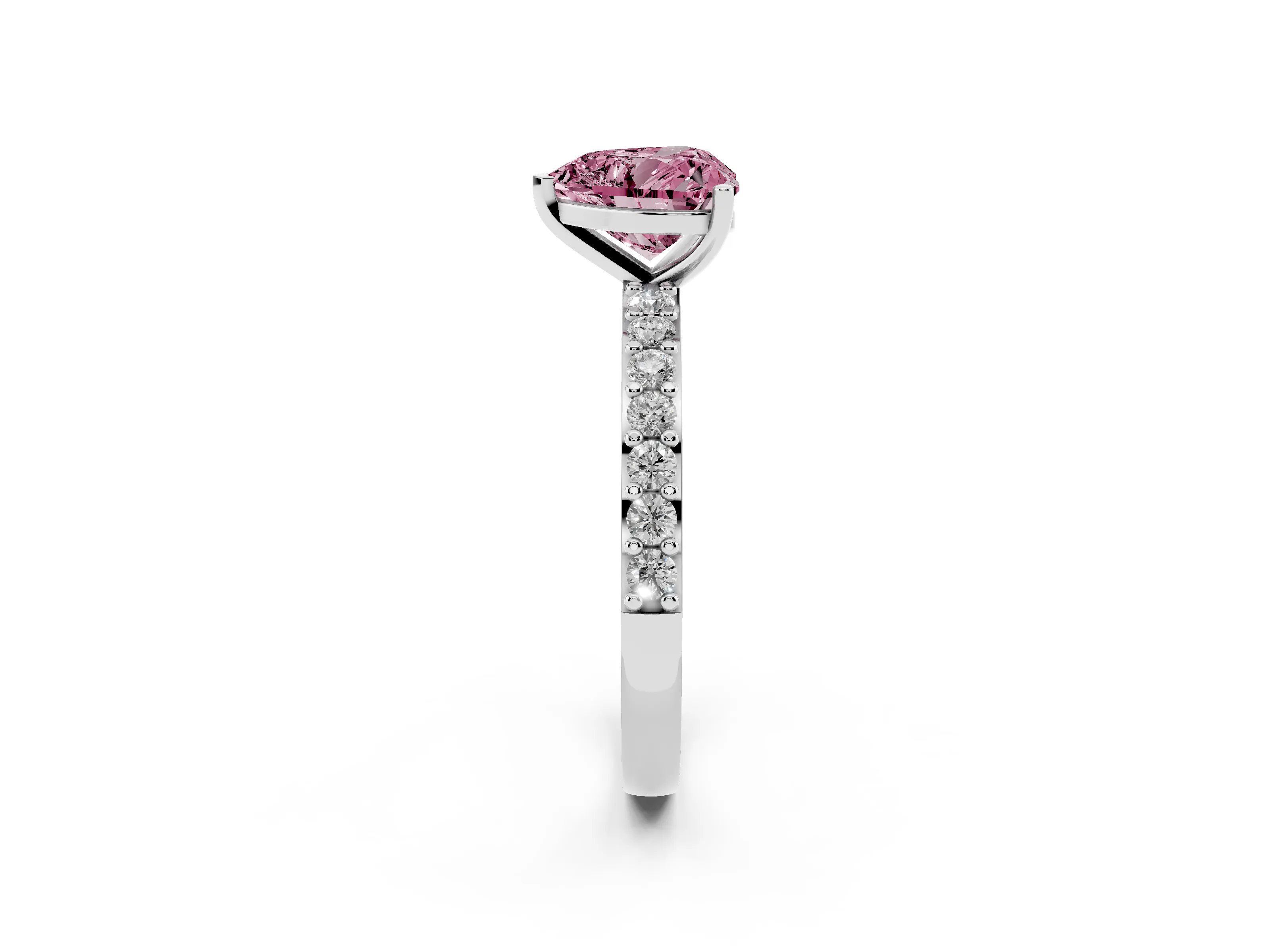 Fancy Pink Heart Cut Diamond Solitaire Set in White gold with Round Pavé Band and Prong Setting