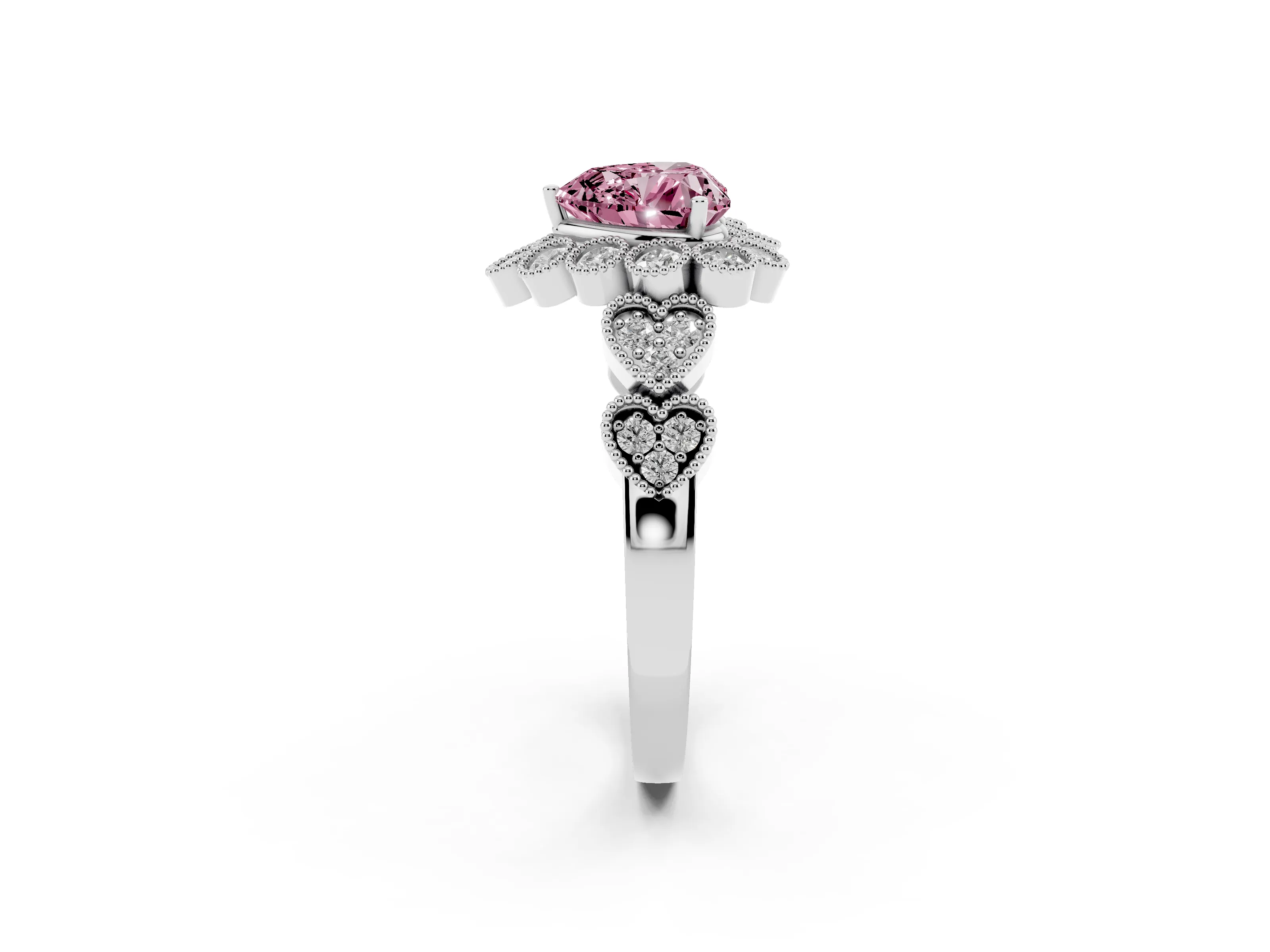 Fancy Pink Heart Cut Diamond Solitaire Ring Set in Platinum with Milgrain Pavé Heart Band