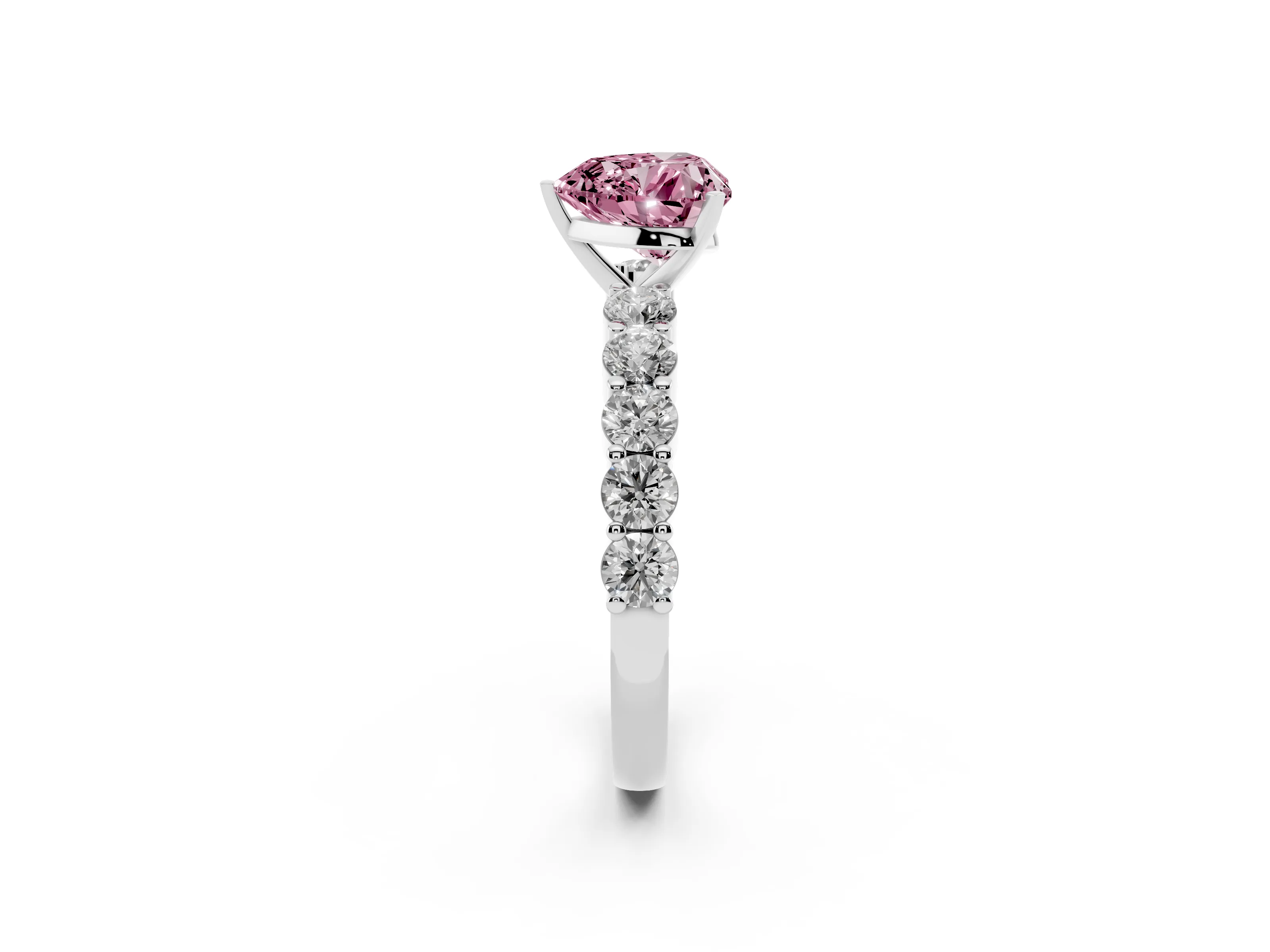 Fancy Pink Heart Cut Diamond Solitaire Ring Set in White gold with Shared Prong Round Side Stones