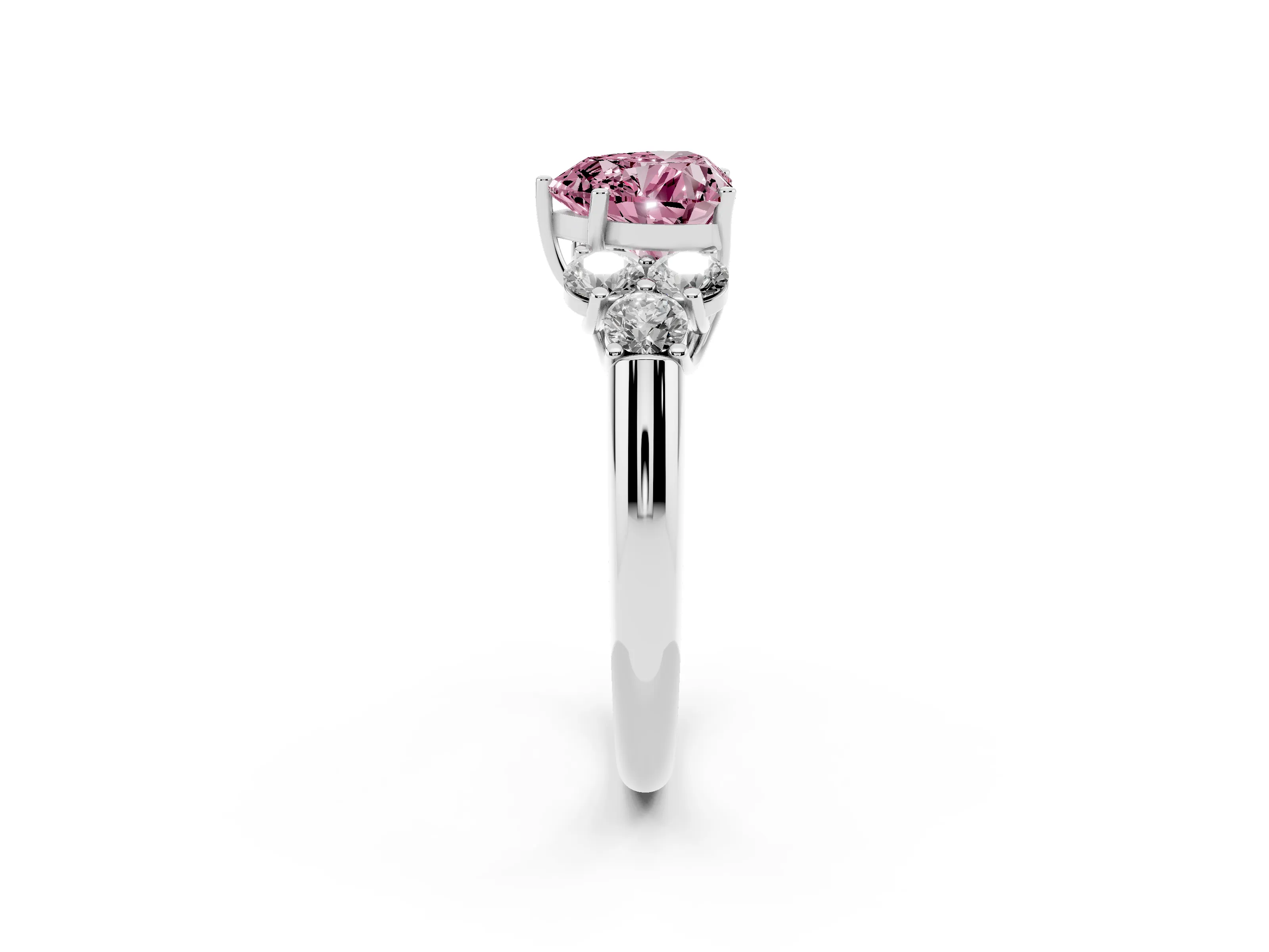 Fancy Pink Heart Cut Diamond Cluster Ring Set in Silver with Round Accent Stones and Prong Setting on a Plain Band