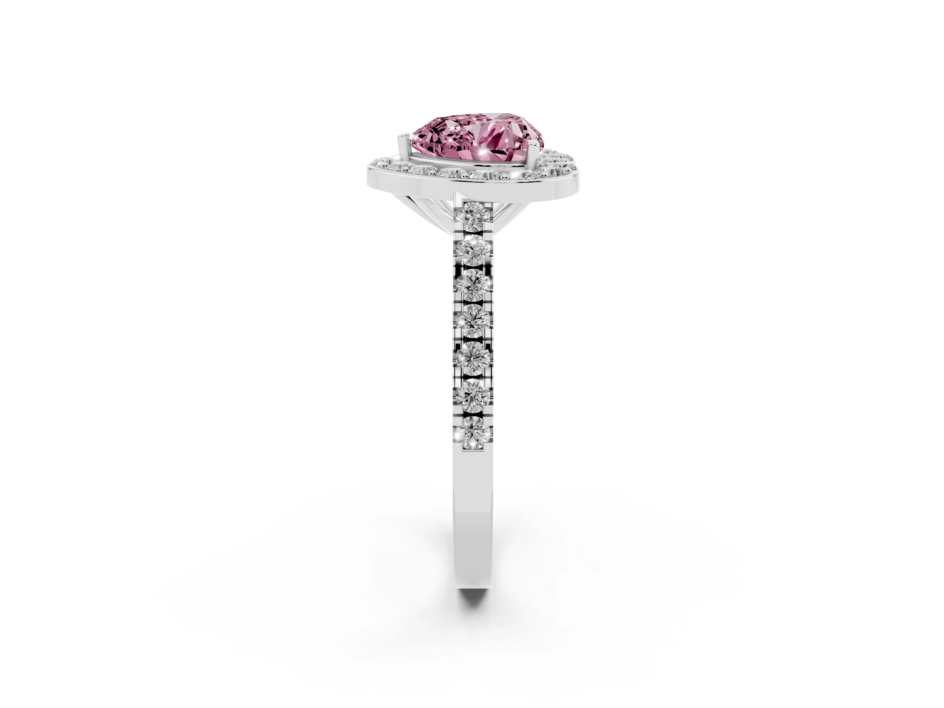 Fancy Pink Heart Cut Diamond Halo Ring Set in Platinum with Round Pavé Split Shank and Prong Setting