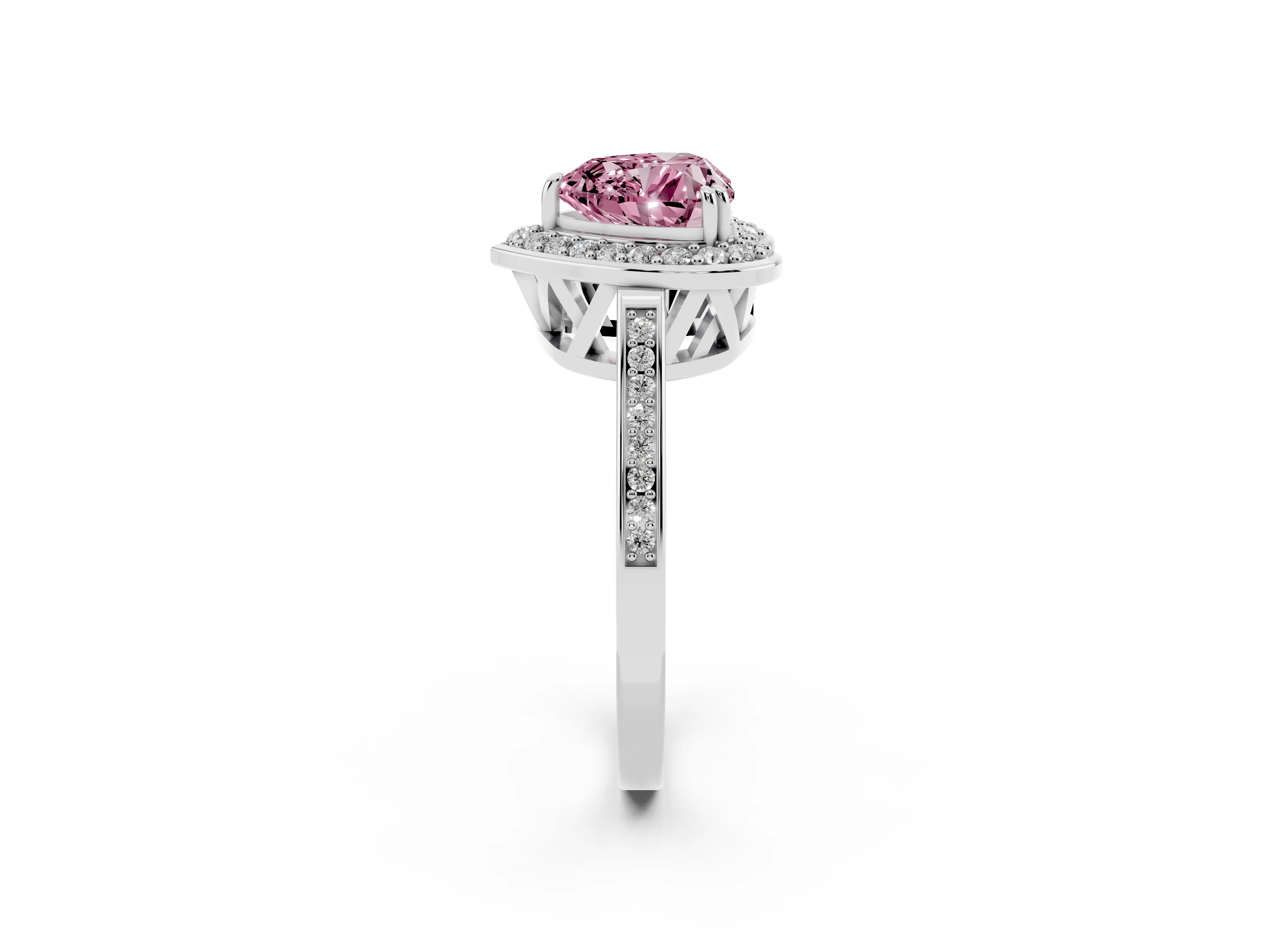 Fancy Pink Heart Cut Diamond Halo Ring Set in White gold with Accent-Lined Split Shank and Prong Setting