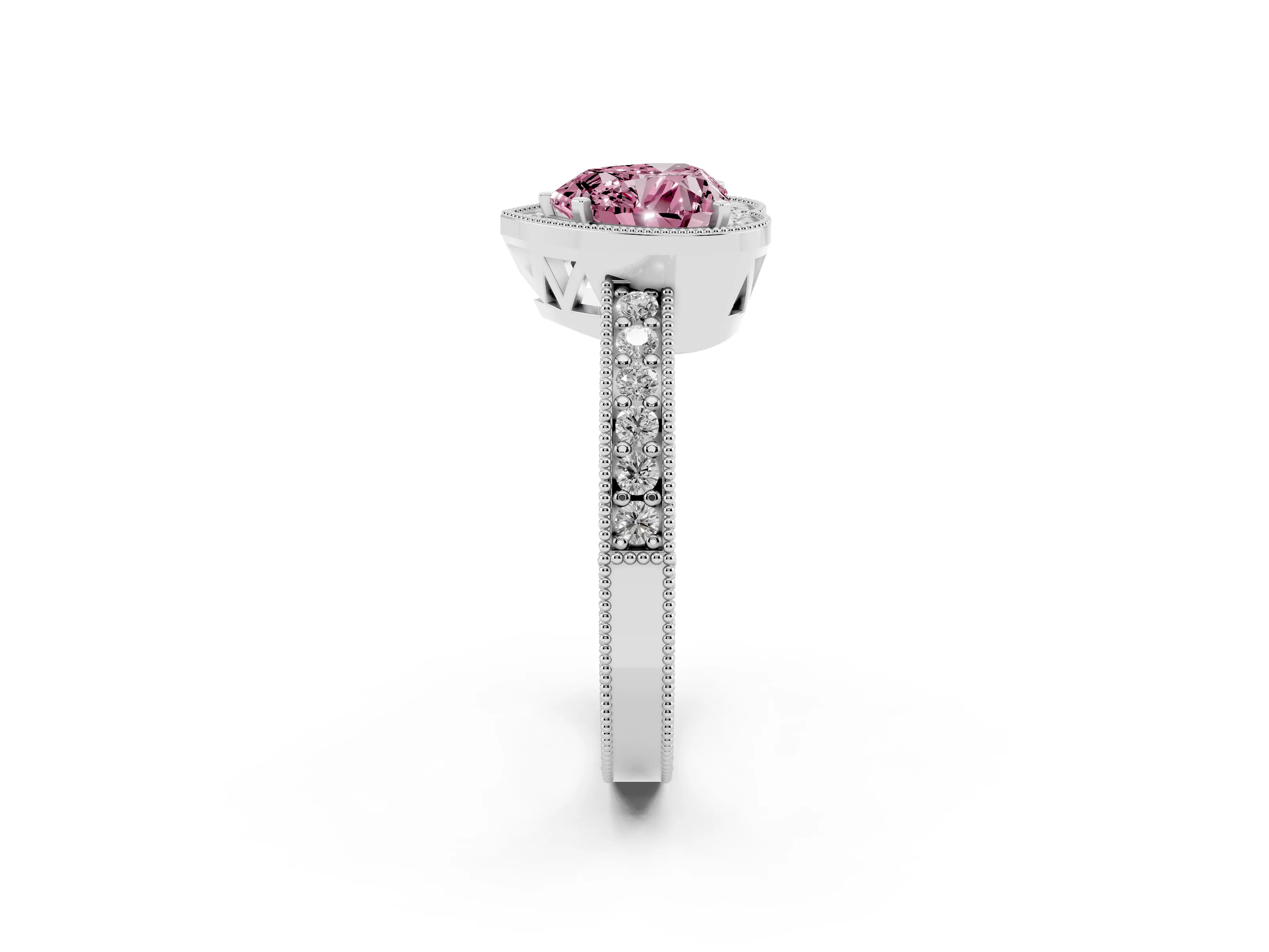 Fancy Pink Heart Cut Diamond Halo Pavé Band Ring Set in Platinum with Prong-Set Center