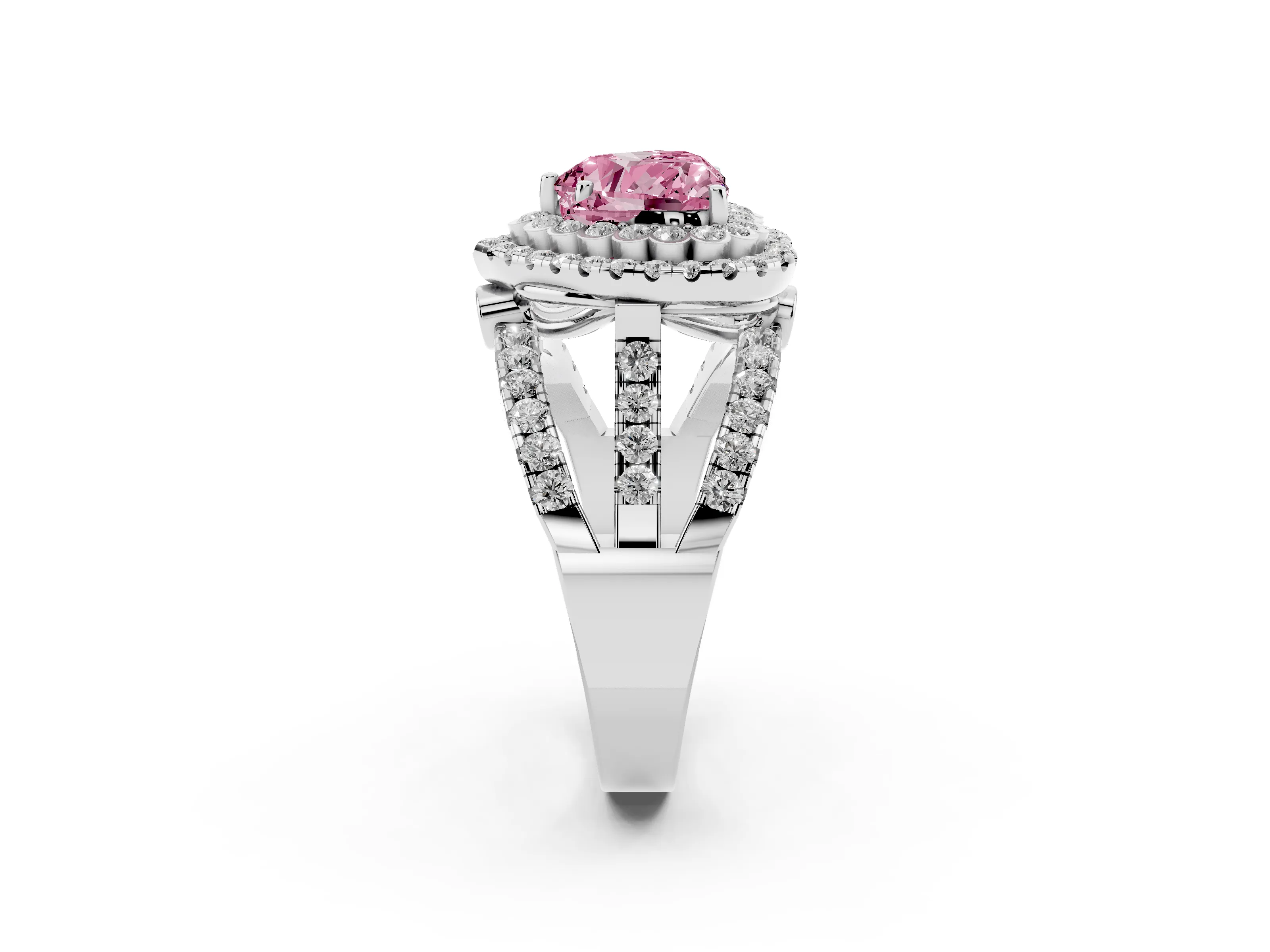Fancy Pink Heart Cut Diamond Double Halo Ring Set in White gold with Round Pavé Split Shank