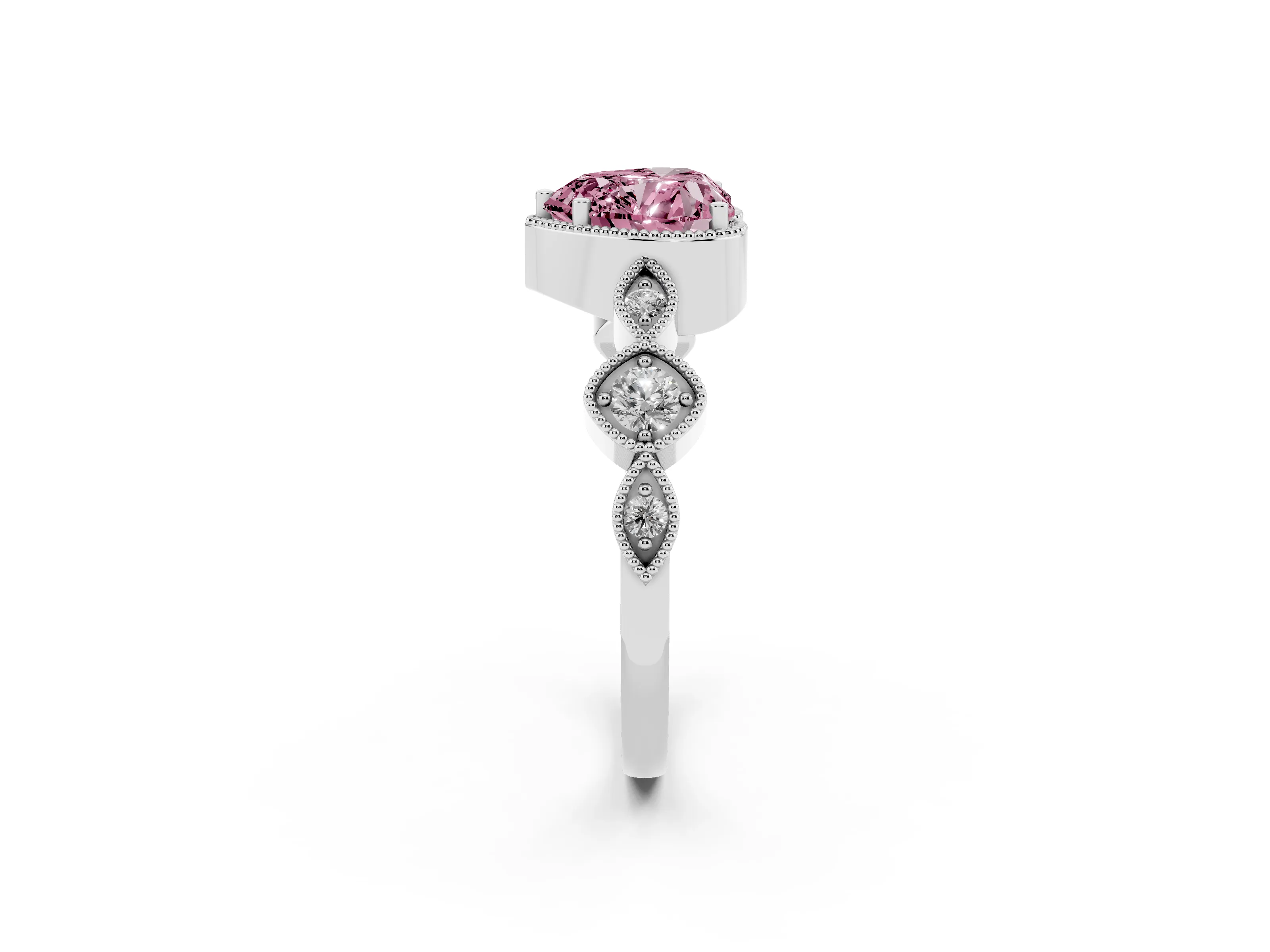 Fancy Pink Heart Cut Diamond Vintage-Inspired Milgrain Ring Set in White gold with Marquise Stations of Round Accents