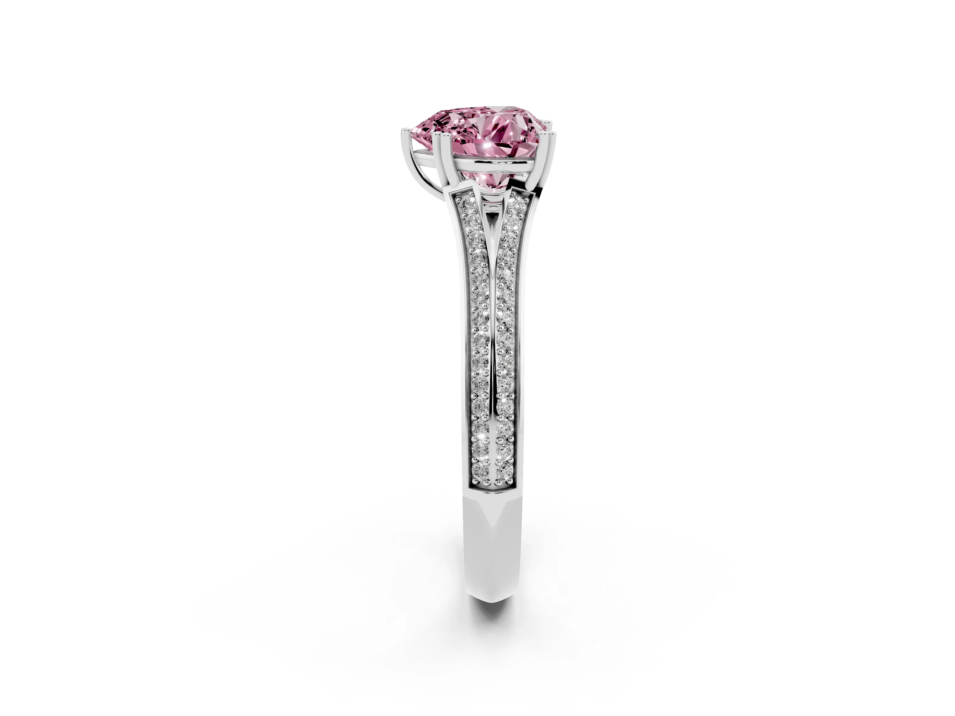 Fancy Pink Heart Cut Diamond Split Shank Pavé Engagement Ring Set in White gold with Prong-Set Center Stone
