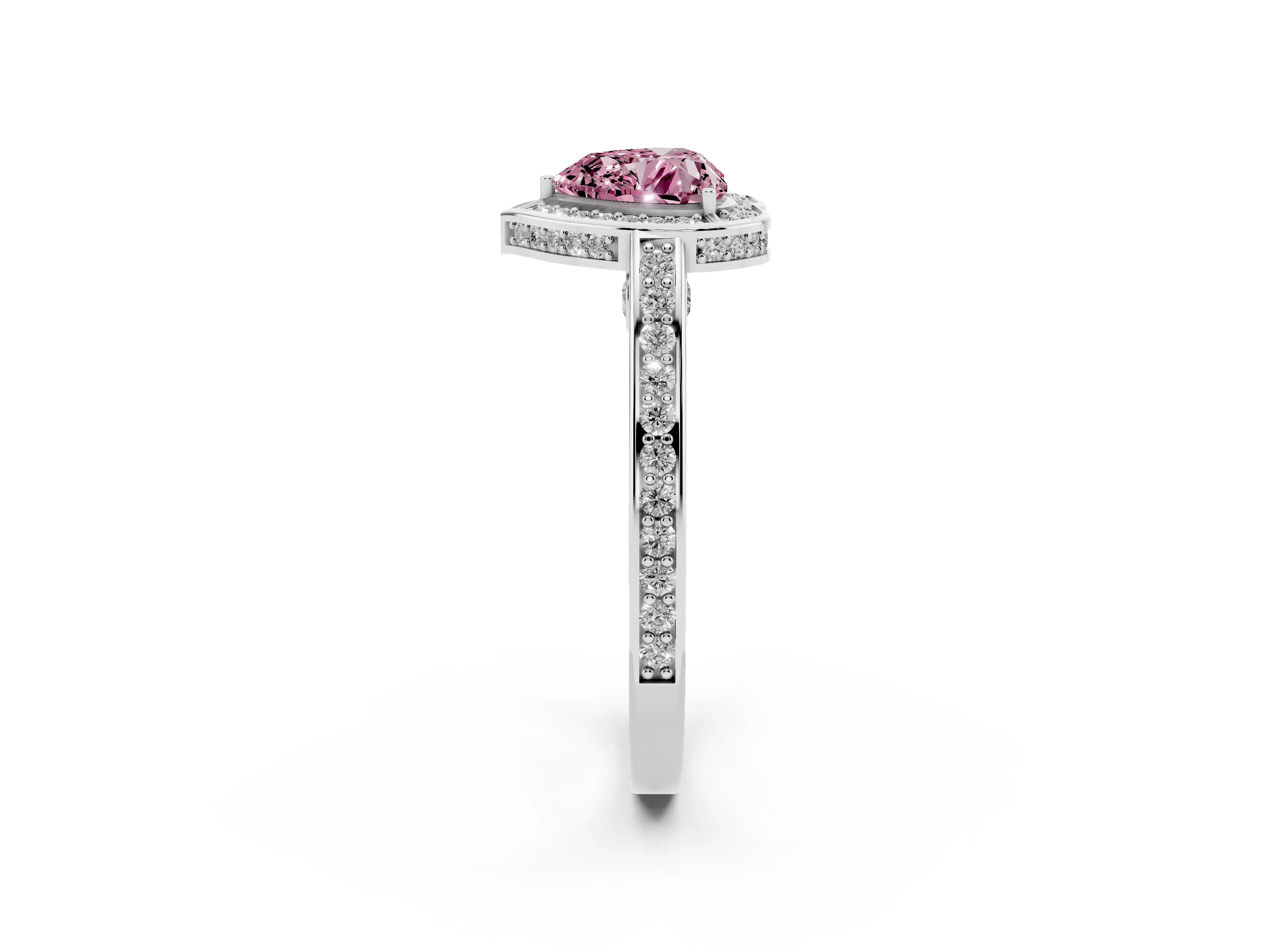 Fancy Pink Heart Cut Diamond Halo Pavé Split Shank Ring Set in White gold with Prong Setting