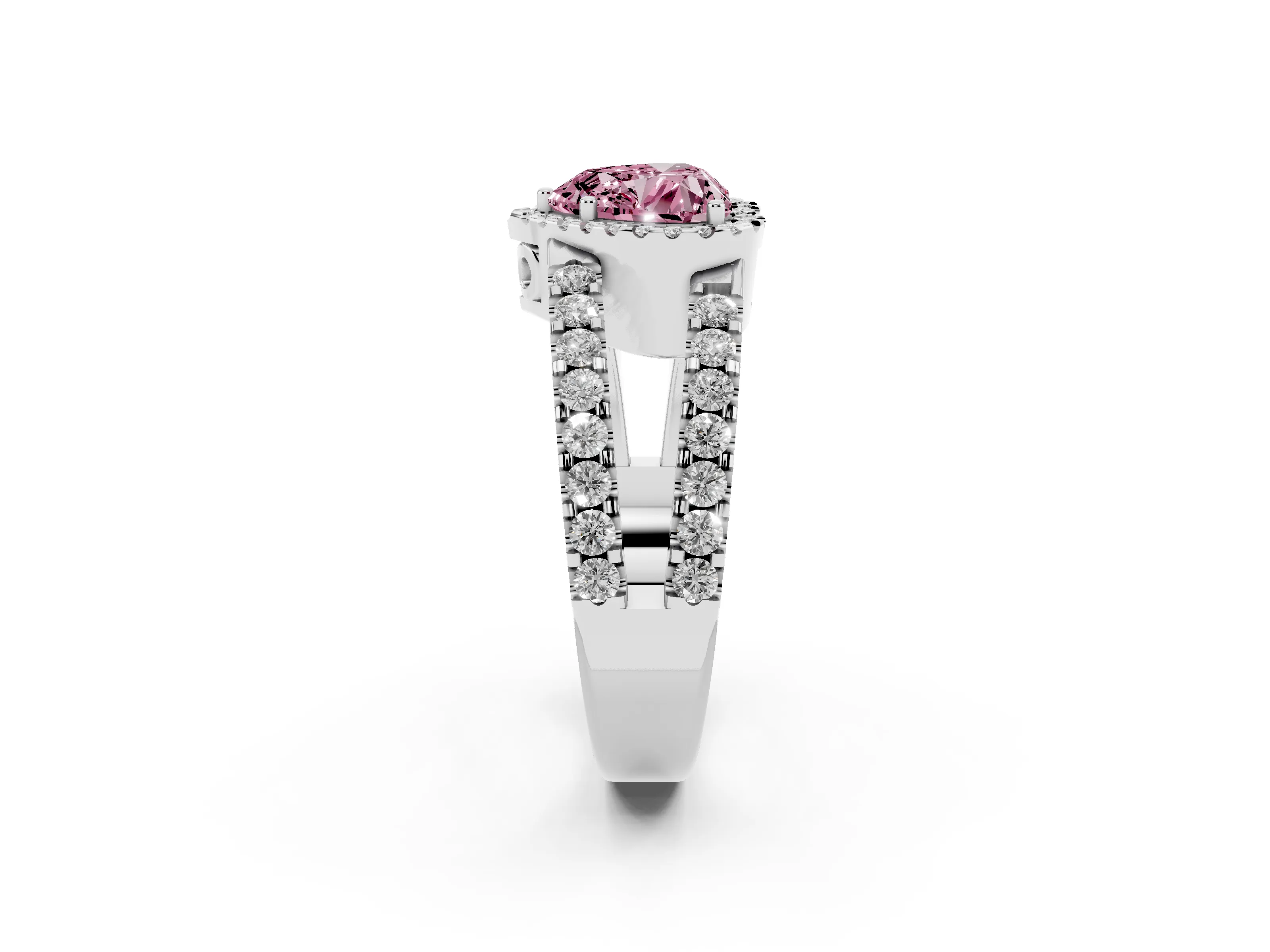 Fancy Pink Heart Cut Diamond Halo Ring Set in Platinum with Pavé Split Shank and Prong Setting