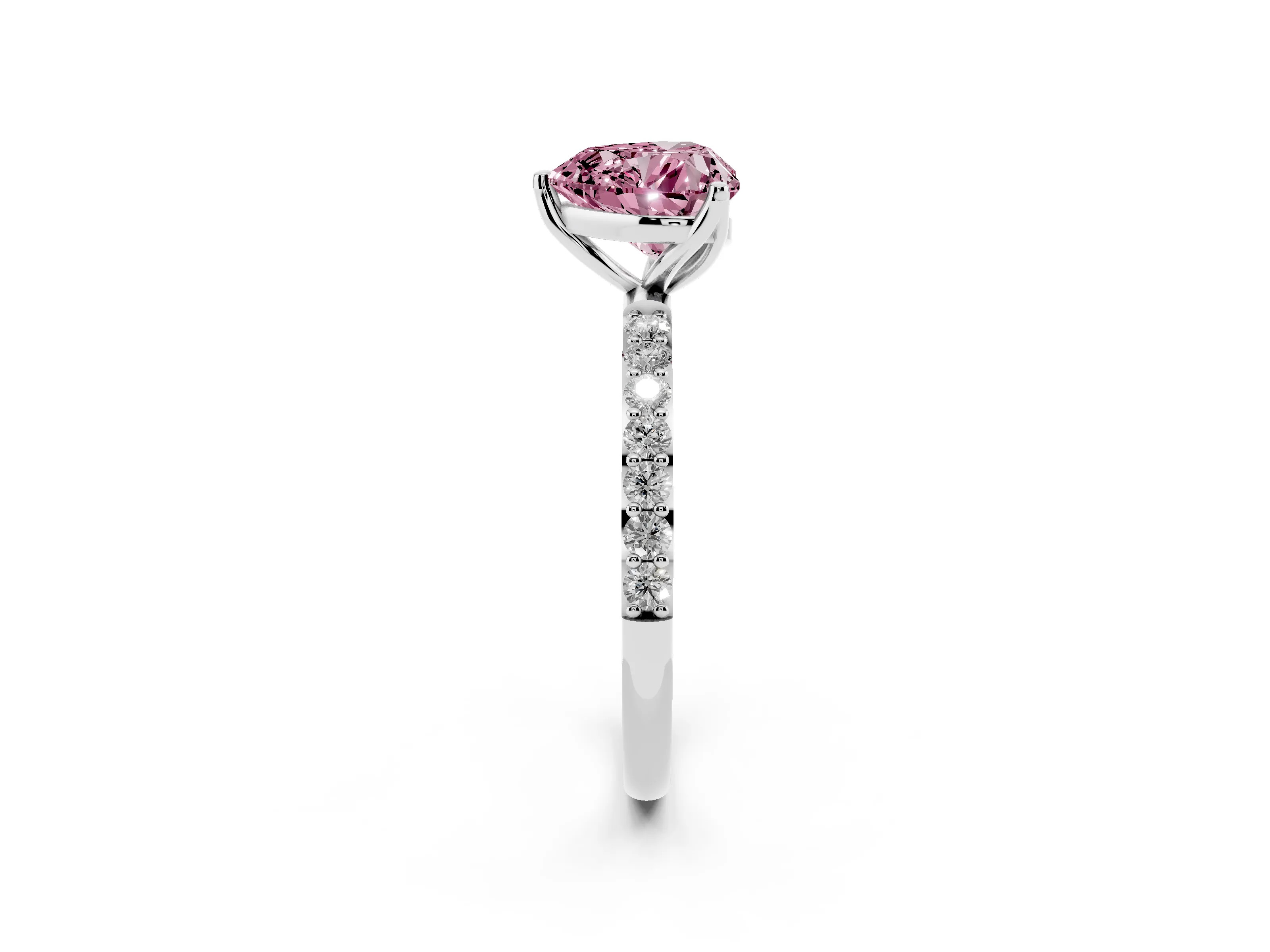 Fancy Pink Heart Cut Diamond Solitaire Engagement Ring Set in Platinum with Round Pavé Band and Prong Setting