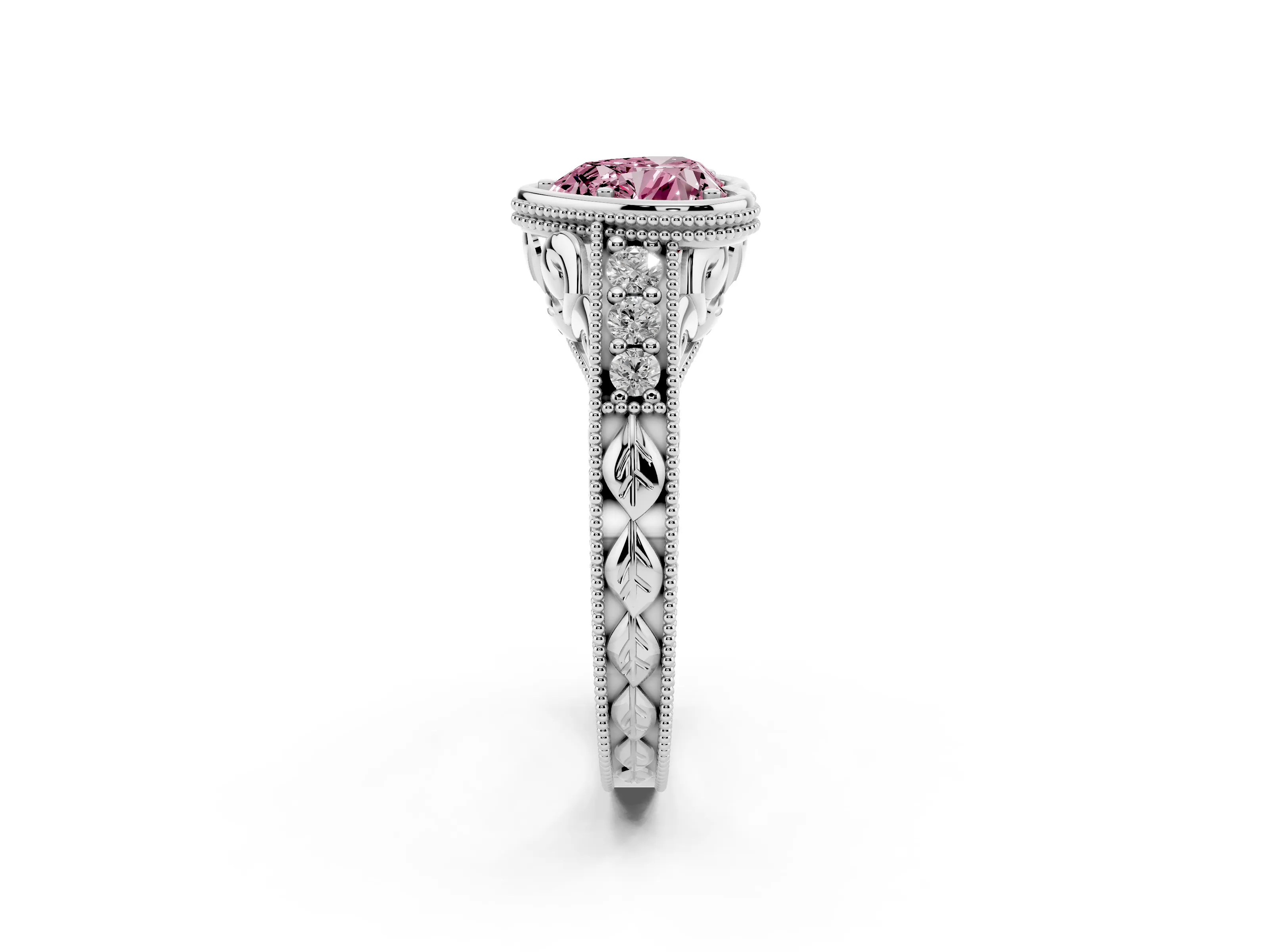 Fancy Pink Bezel Set Heart Cut Diamond Milgrain Pavé Engagement Ring Set in Silver