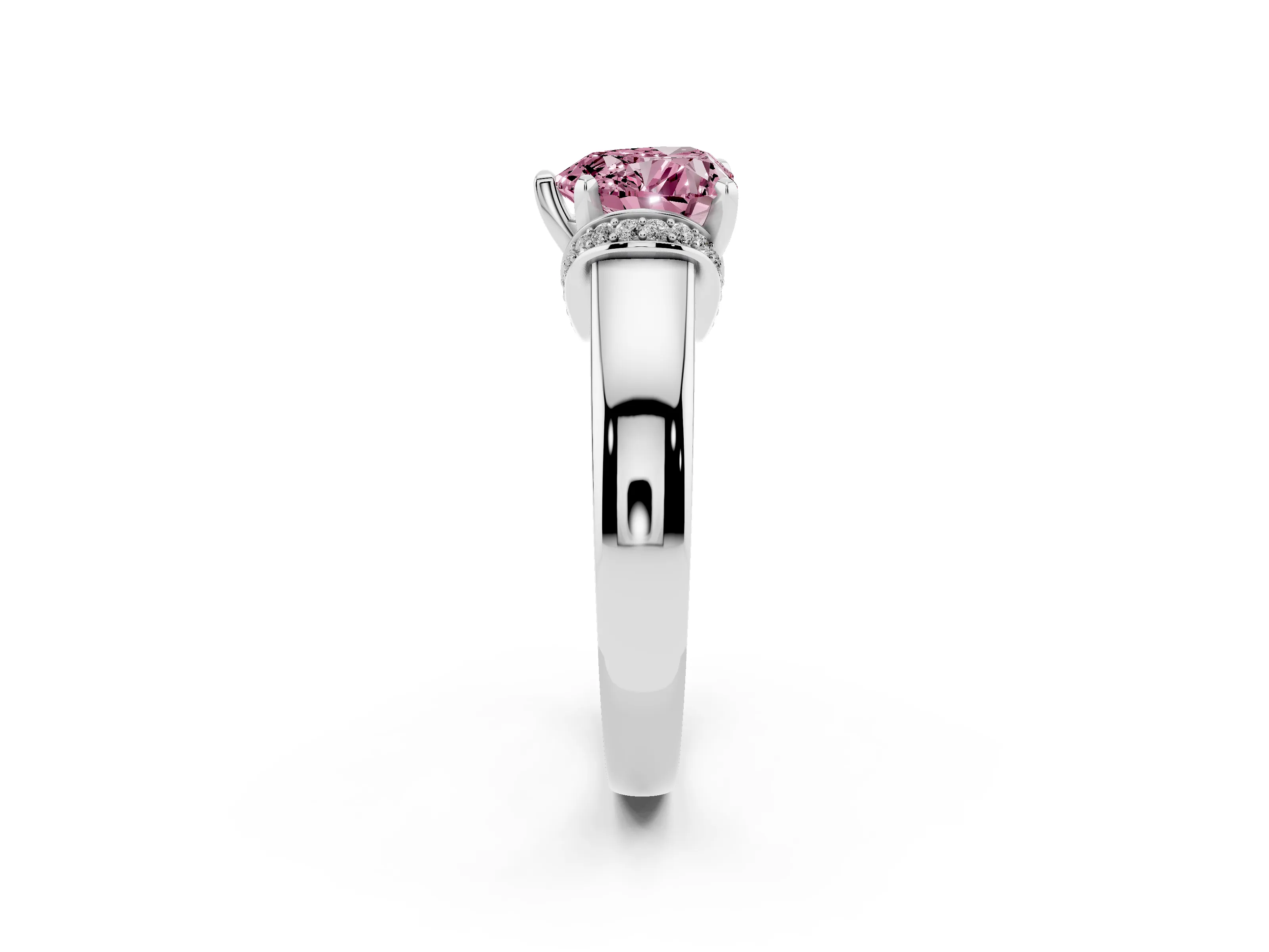 Fancy Pink Heart Cut Diamond Pavé Band Solitaire Ring Set in Platinum with Prong Setting