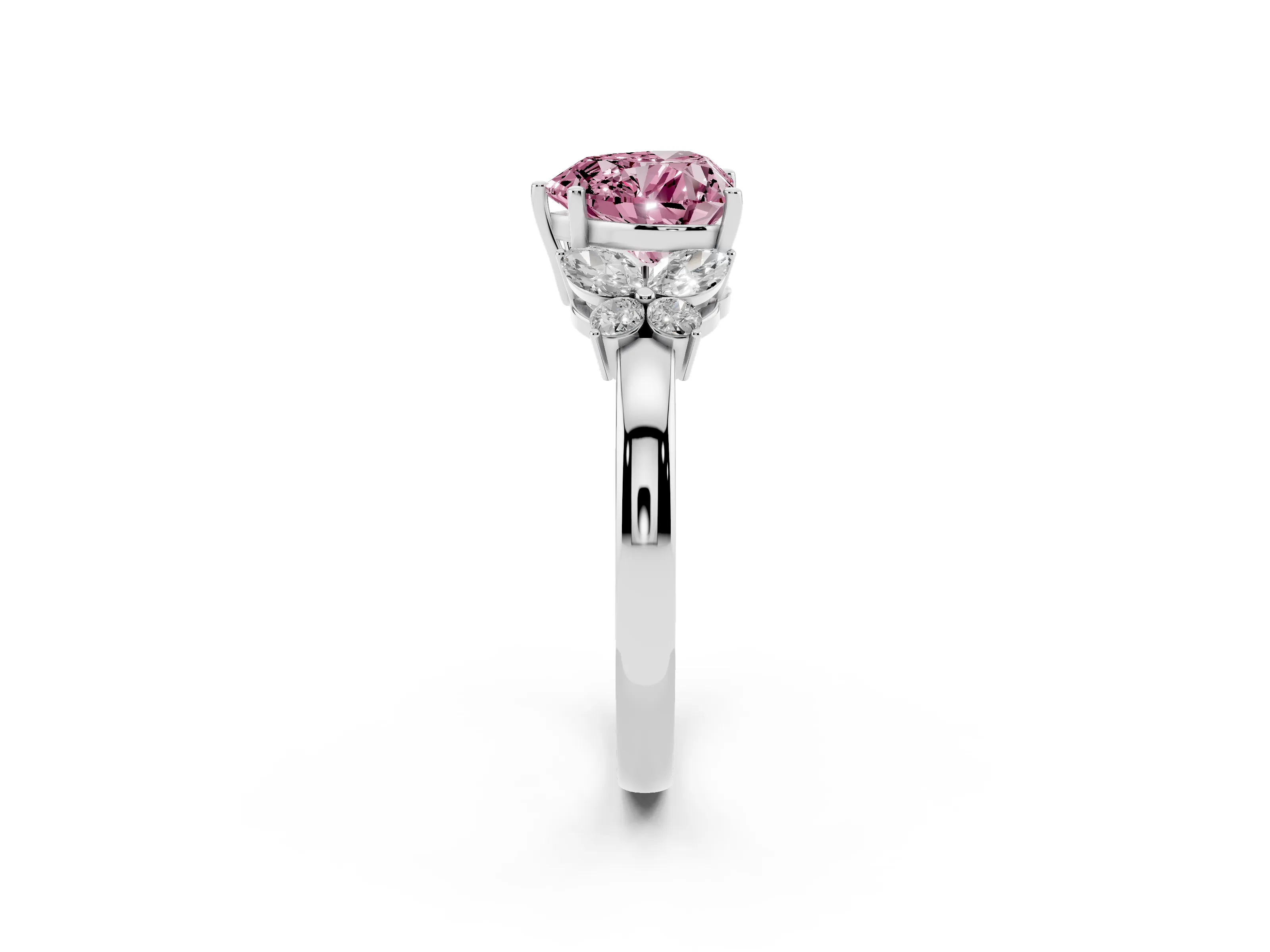 Fancy Pink Heart Cut Diamond Solitaire Floral Ring Set in Platinum with Marquise Petals and Prong Setting
