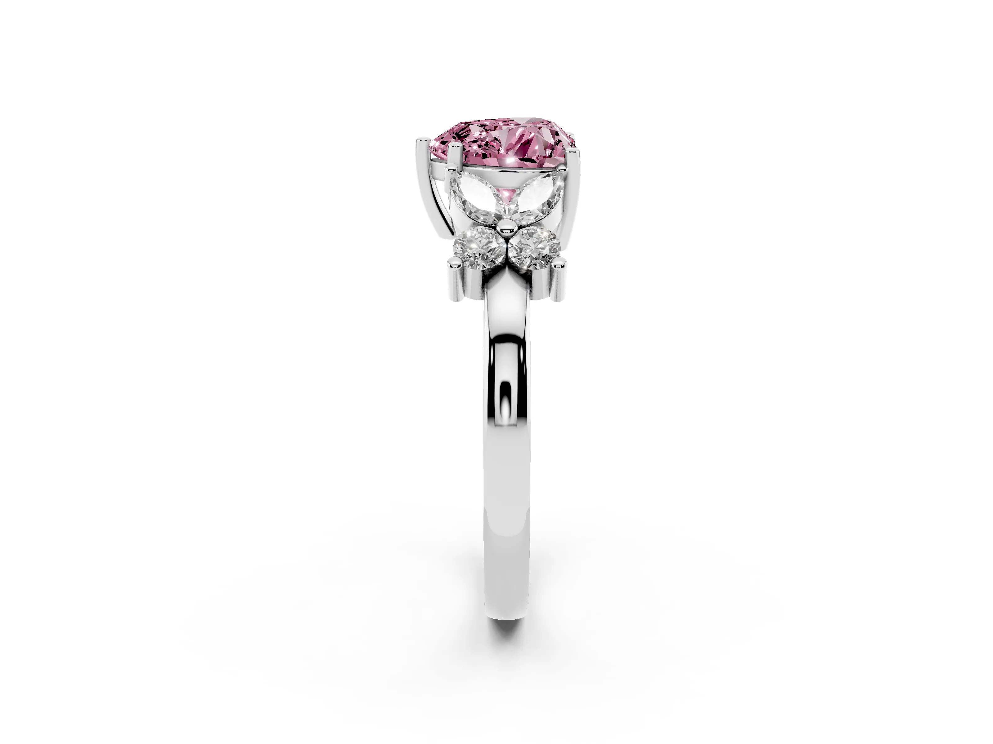 Fancy Pink Heart Cut Diamond Floral Cluster Ring Set in Platinum with Marquise Petals and Prong Setting