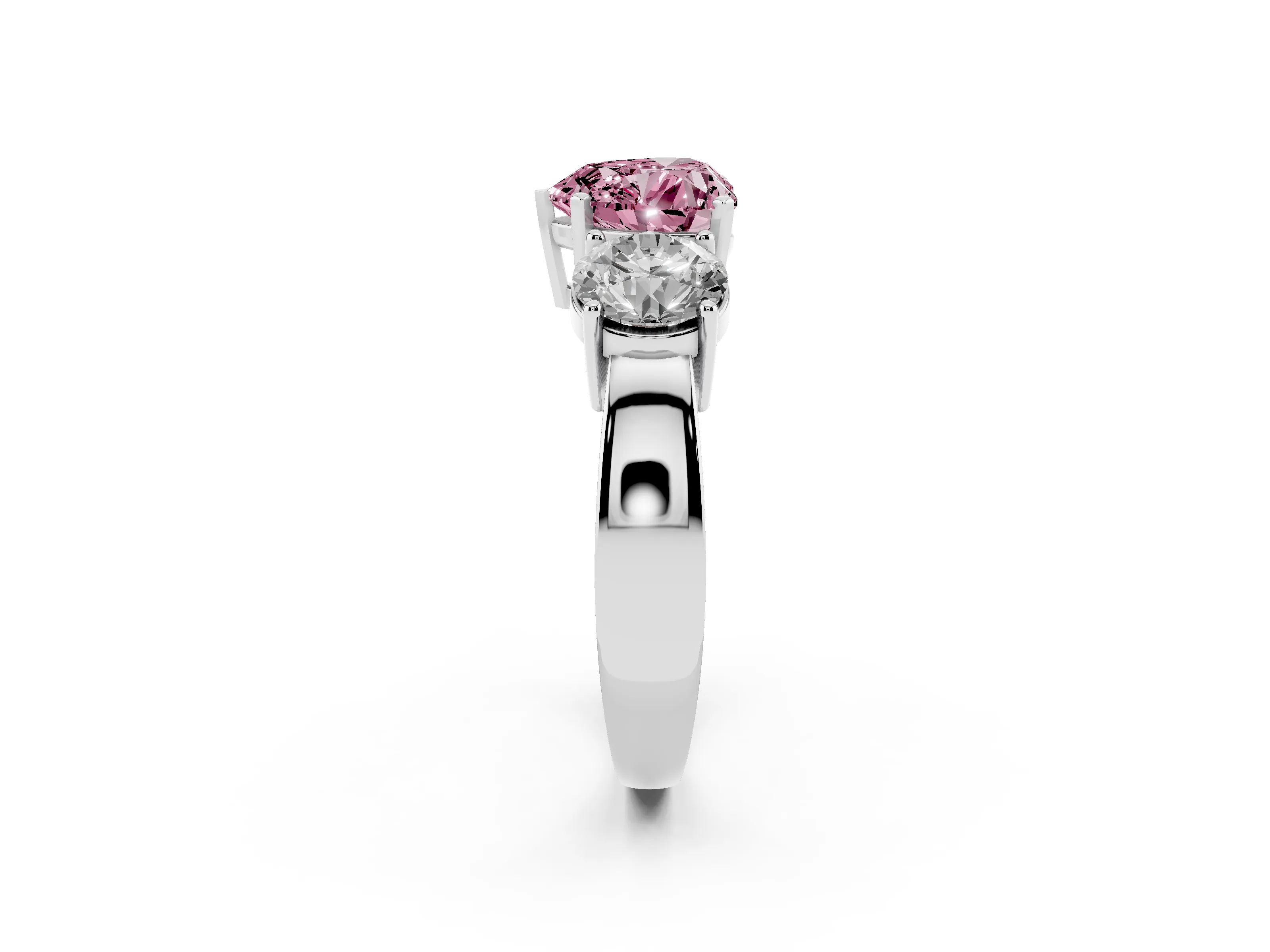 Fancy Pink Heart Cut Diamond Three-Stone Ring Set in Platinum with Round Side Stones and Classic Band
