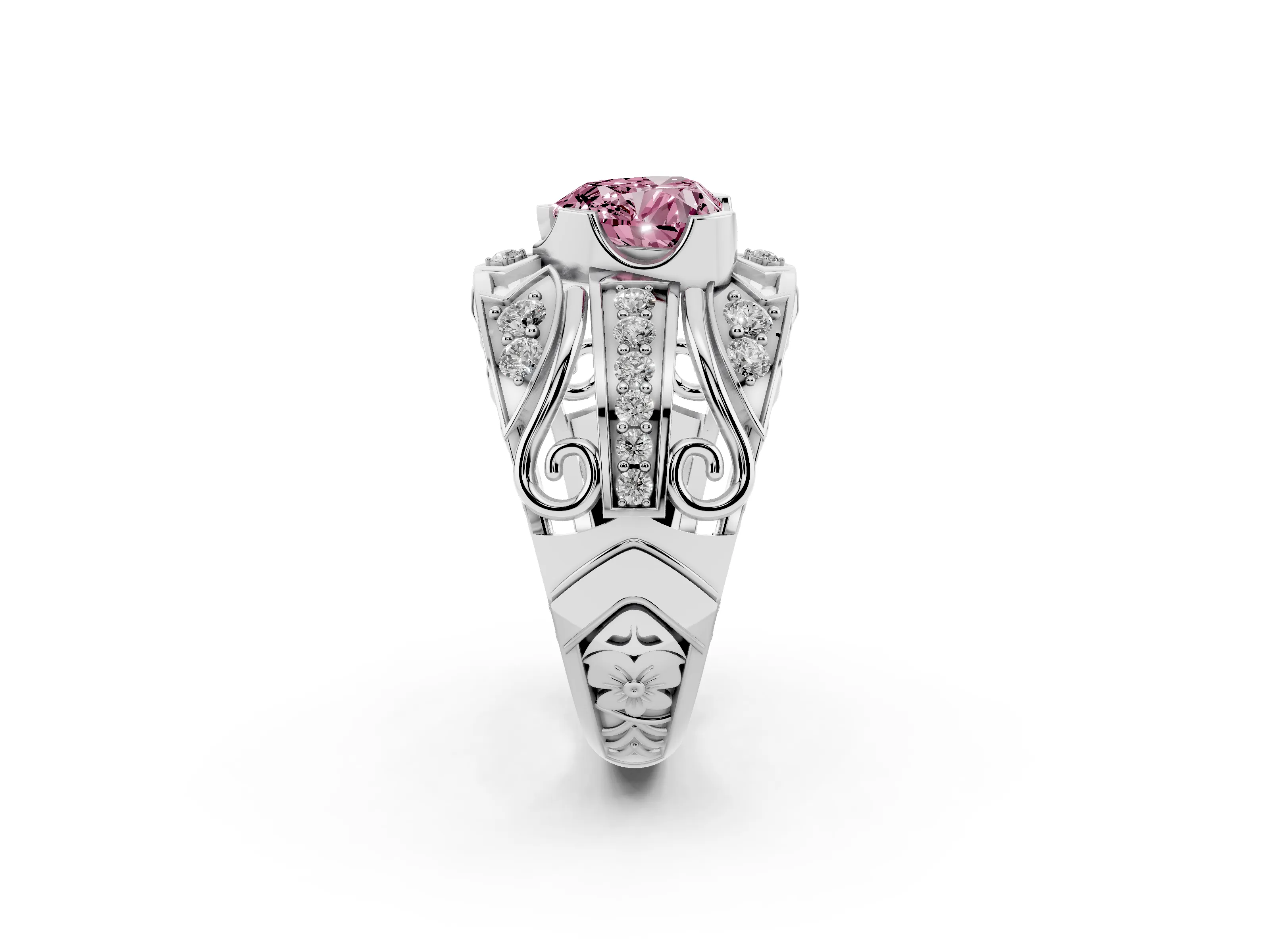Fancy Pink Heart Cut Diamond Art Deco Ring Set in White gold with Pavé Split Shank