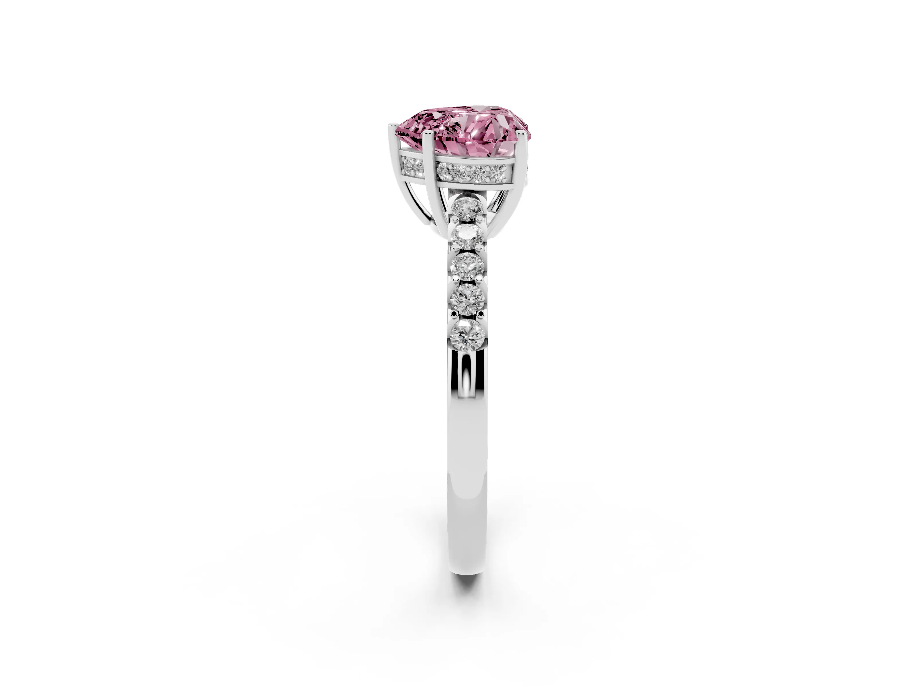 Fancy Pink Heart Cut Diamond Solitaire Engagement Ring Set in White gold with Pavé Band and Prong Setting