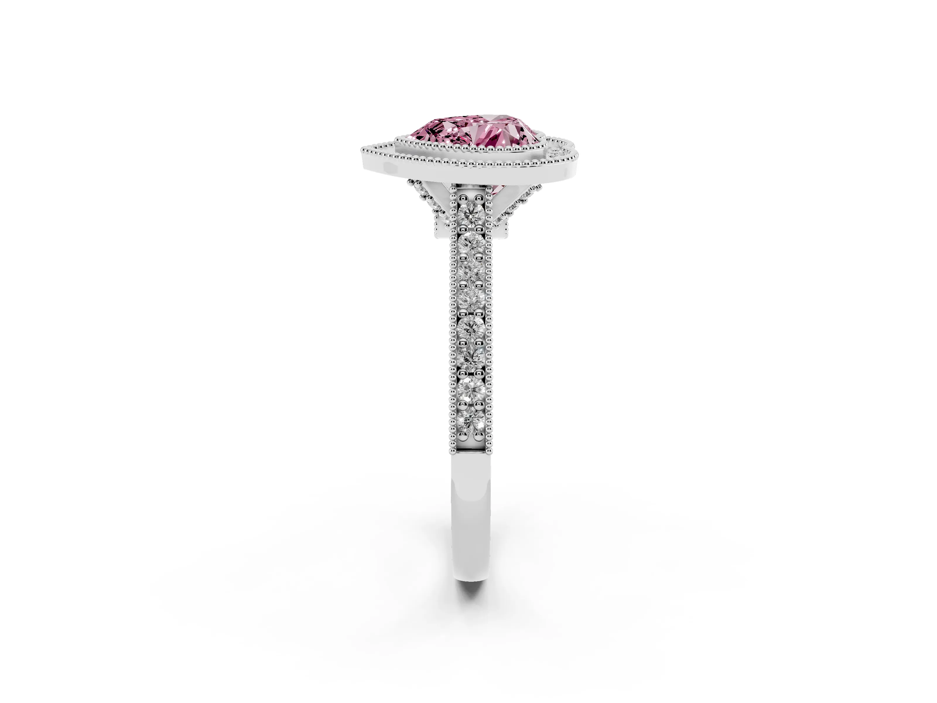 Fancy Pink Heart Cut Diamond Halo Milgrain Pavé Band Ring Set in Platinum with Prong Setting
