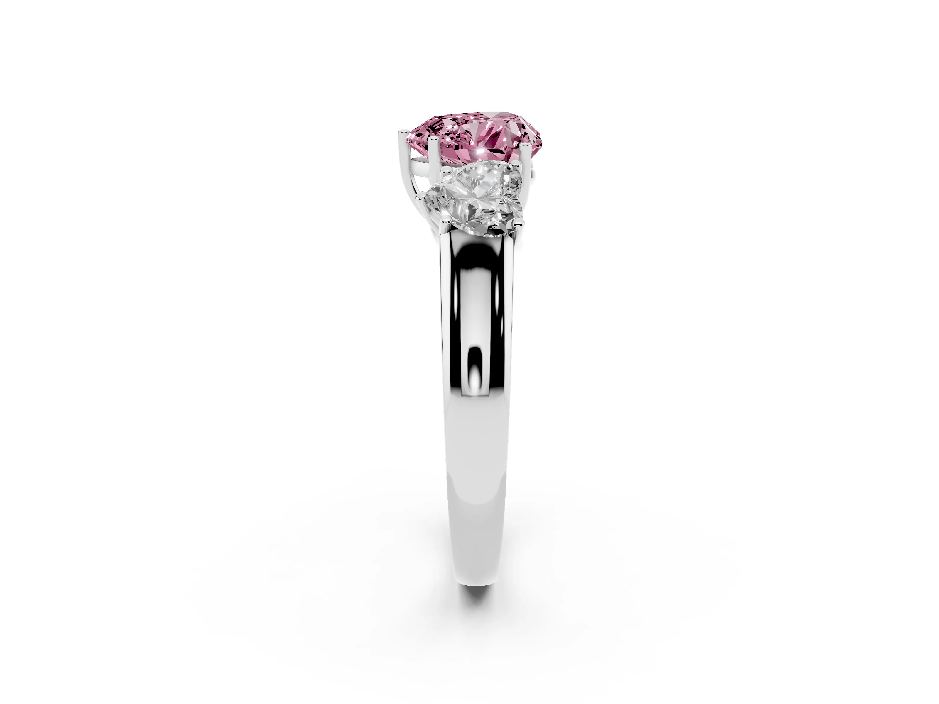 Fancy Pink Three-Stone Heart Cut Diamond Ring Set in Silver with Matching Prong Settings and Plain Band