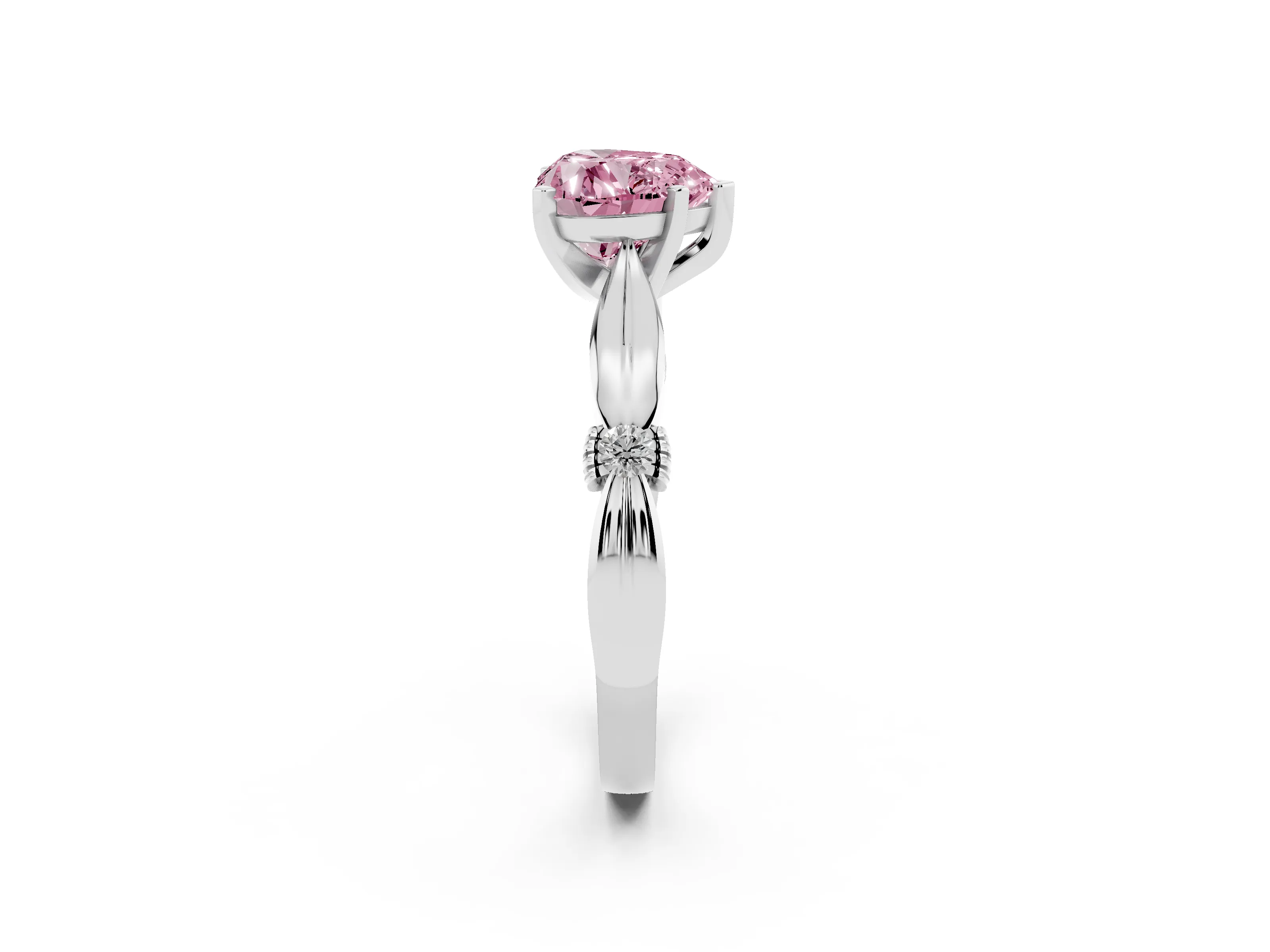 Fancy Pink Heart Cut Diamond Solitaire Twisted Band Ring Set in Silver with Accent Stones and Prong Setting