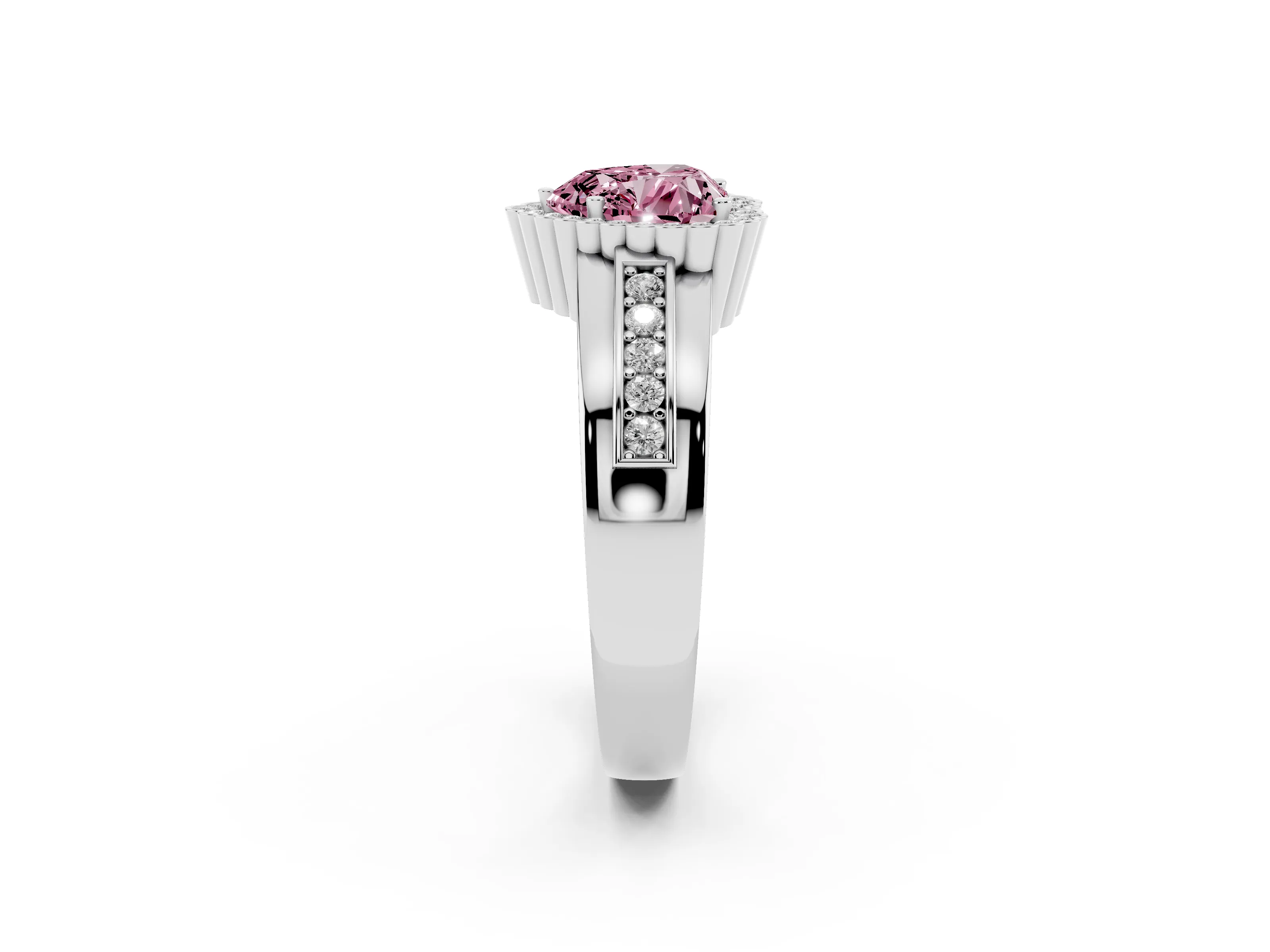 Fancy Pink Heart Cut Diamond Halo Prong Ring Set in White gold with Pavé Band