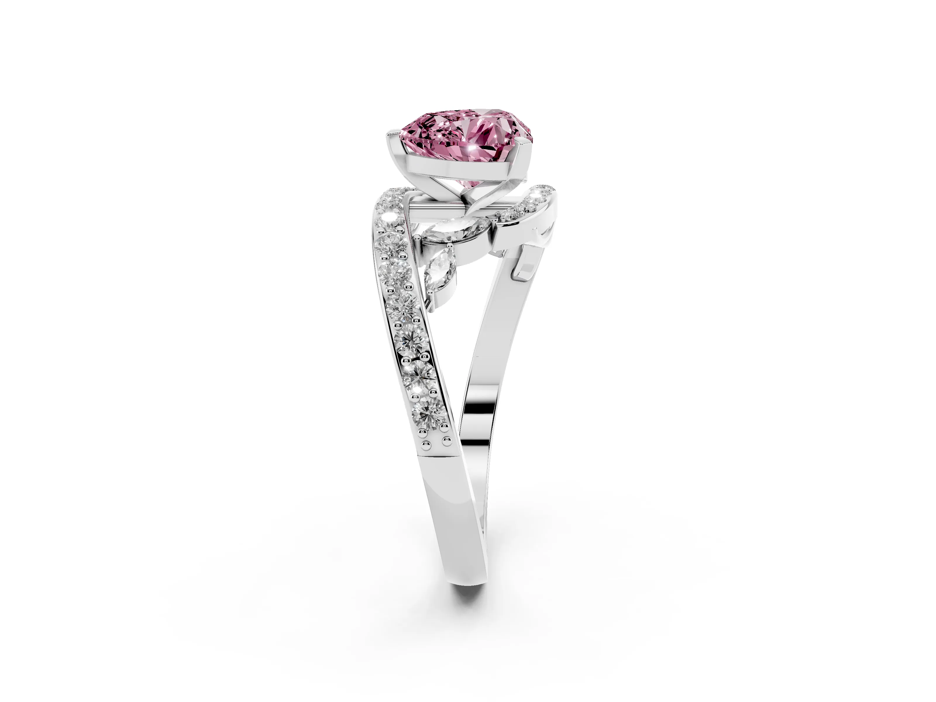 Fancy Pink Heart Cut Diamond Solitaire Ring Set in Platinum with Pavé Twist Band and Secure Prong Setting