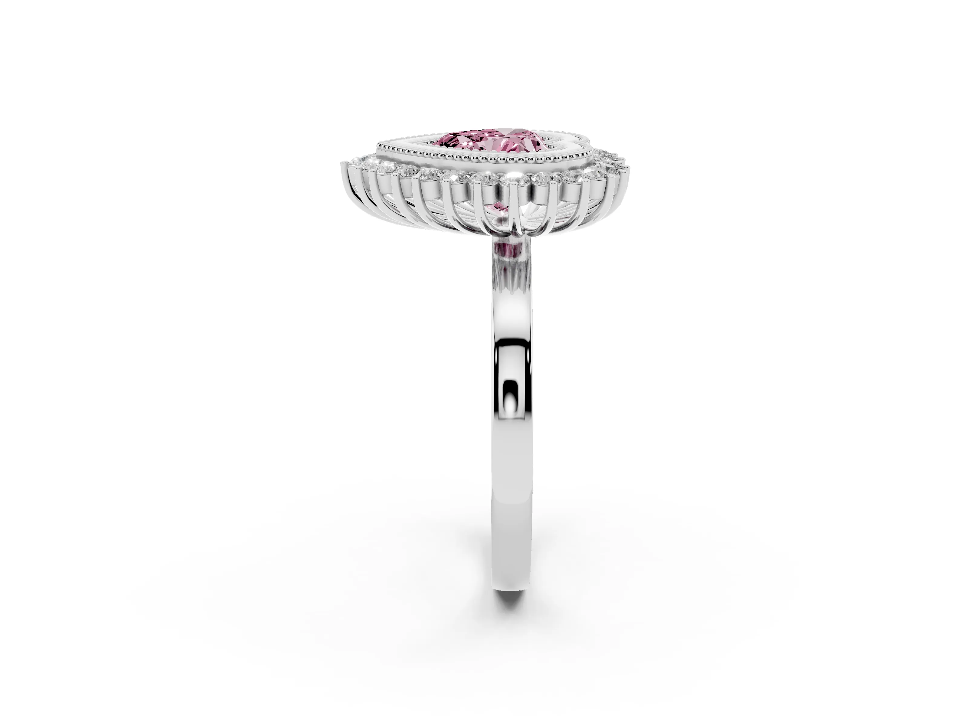 Fancy Pink Heart Cut Diamond Halo Ring Set in Platinum with Milgrain Edge and Round Prong Setting