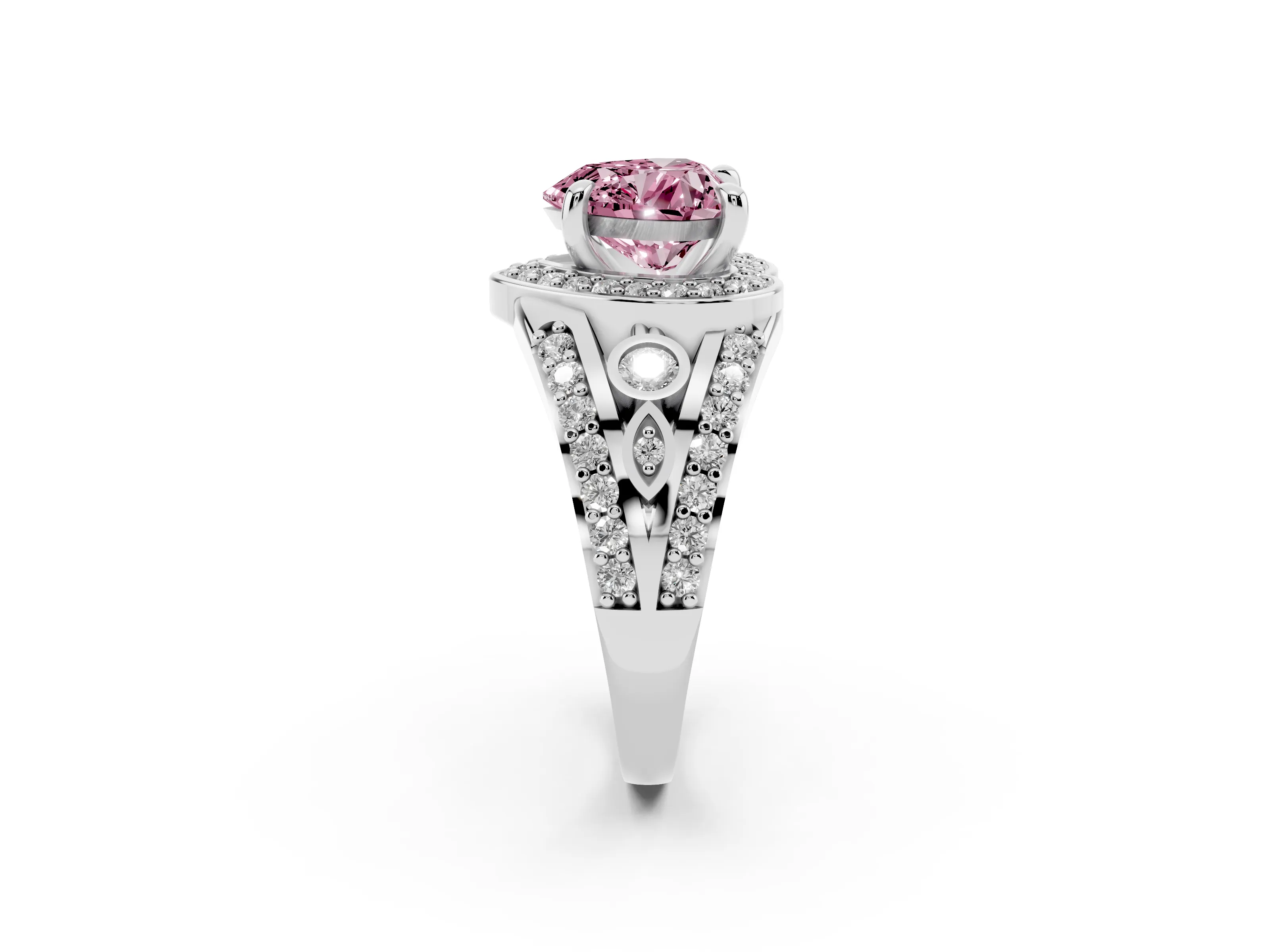 Fancy Pink Heart Cut Diamond Halo Ring Set in Silver with Pavé Split Shank and Bezel Accents