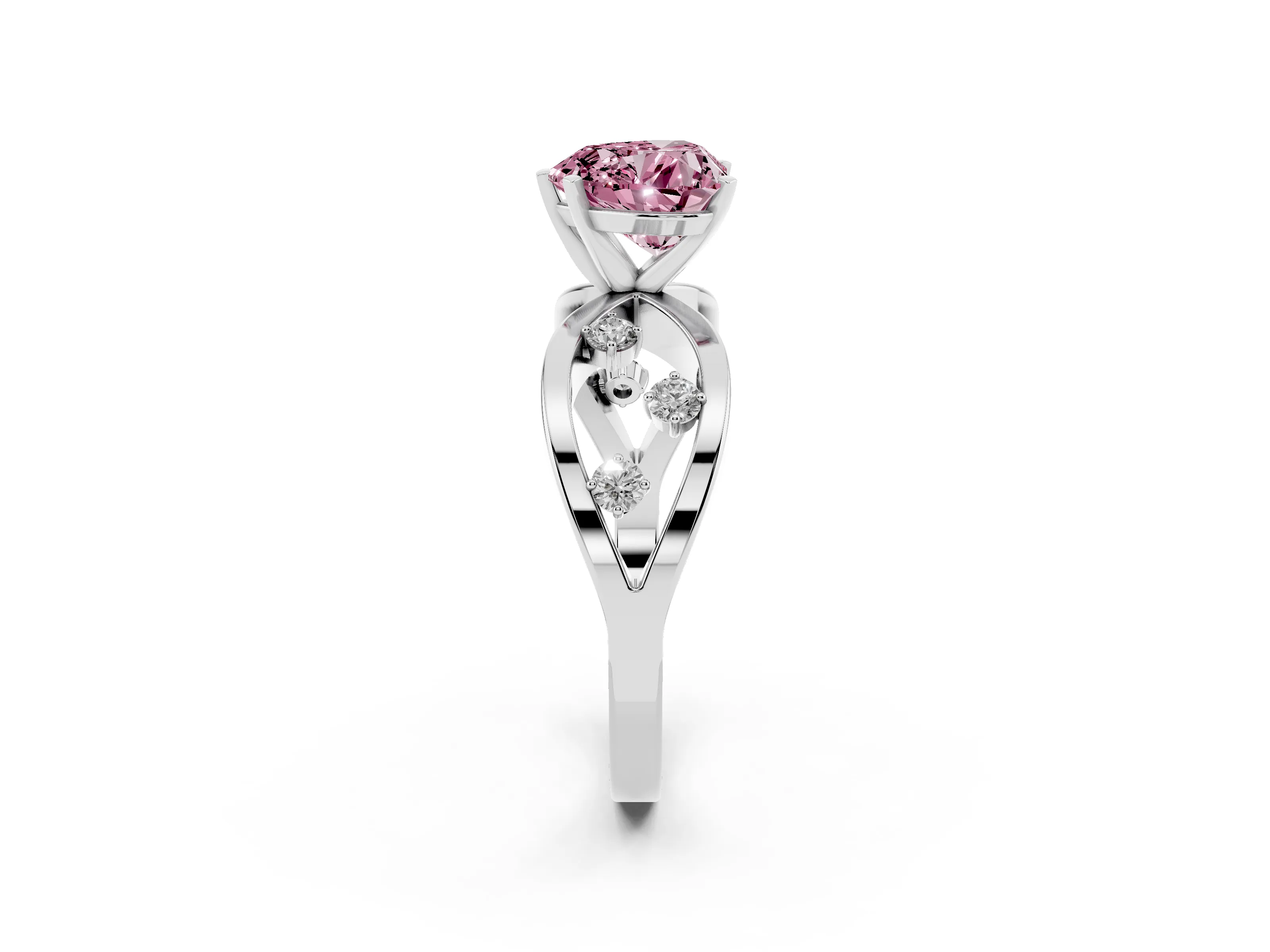 Fancy Pink Heart Cut Diamond Solitaire Ring Set in Silver with Side Stones on Criss-Cross Band and Prong Setting