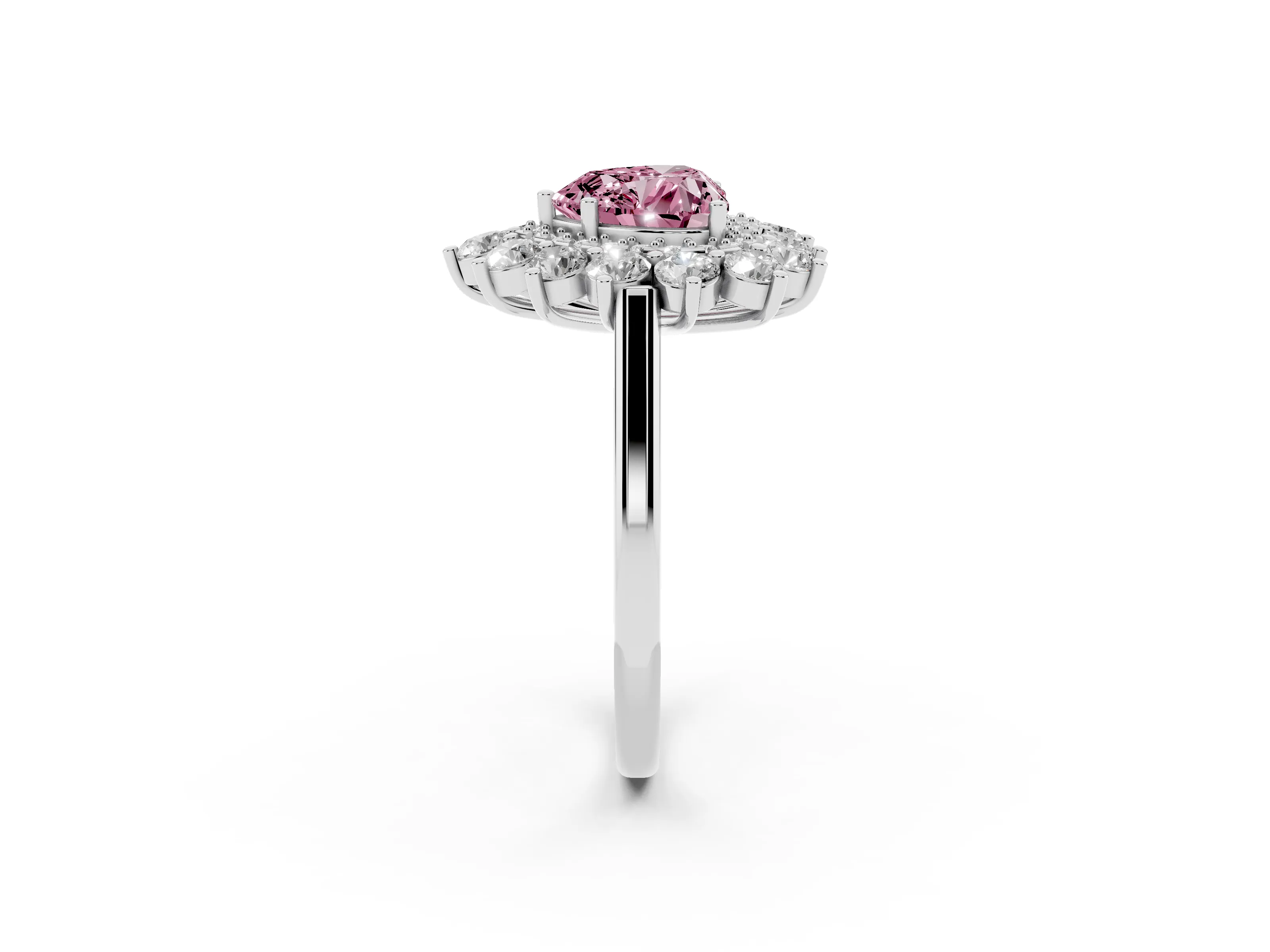 Fancy Pink Heart Cut Diamond Floral Double Halo Ring Set in Silver with Round Petals