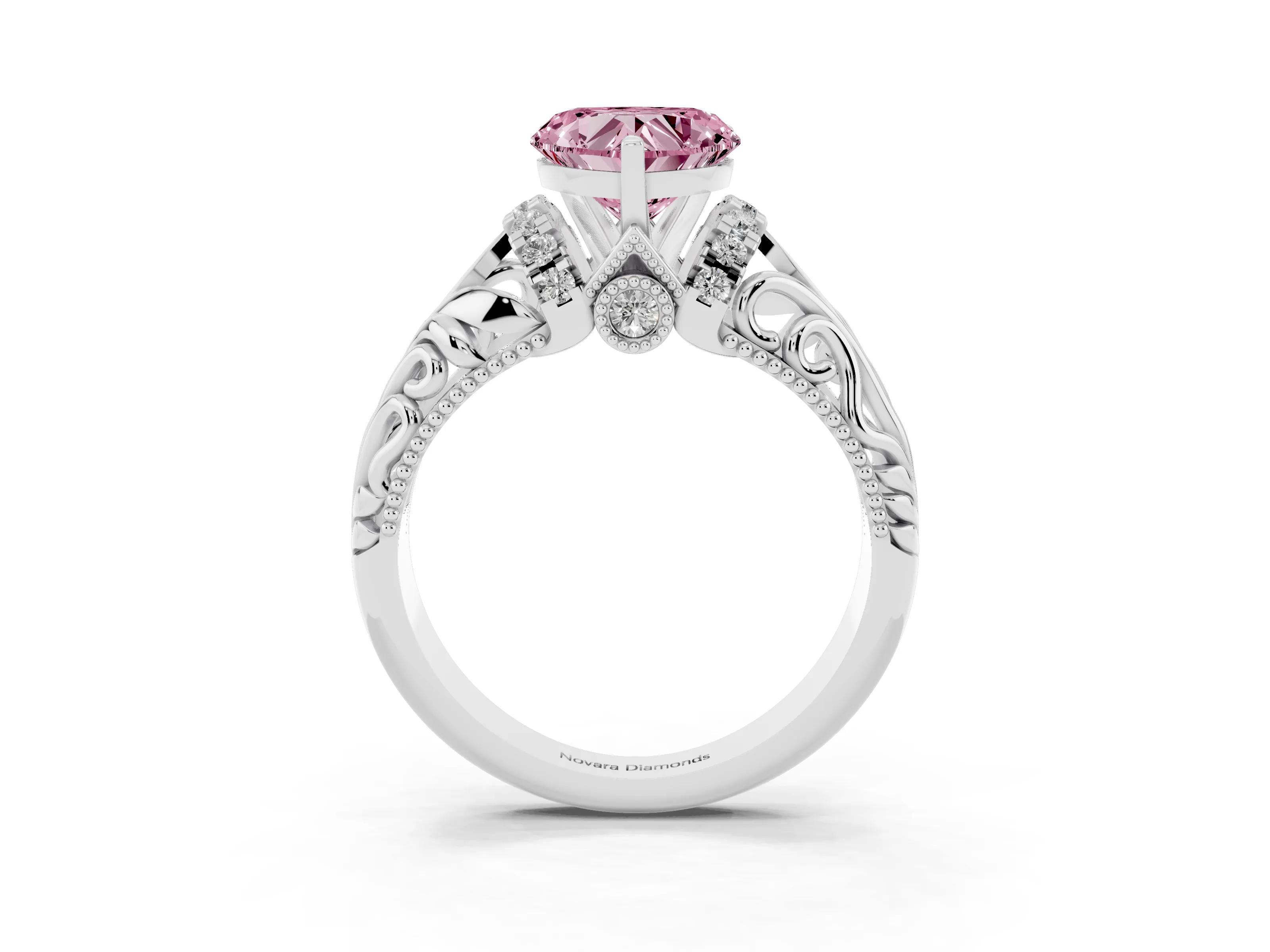 Fancy Pink Heart Cut Diamond Filigree Halo Engagement Ring Set in White gold with Prong Setting