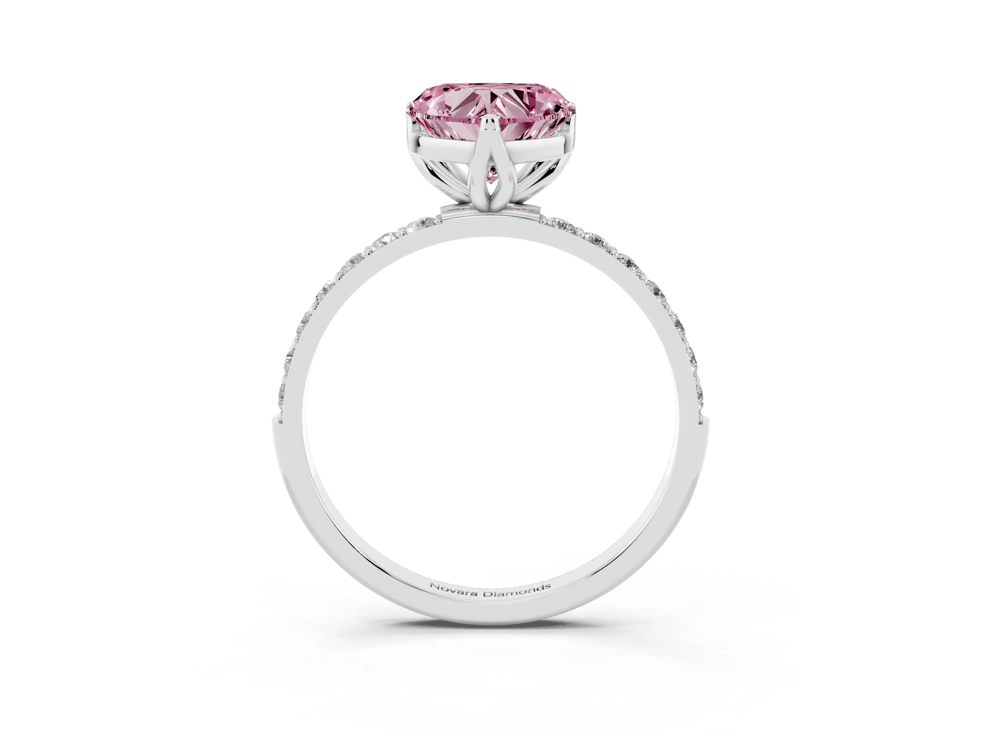 Fancy Pink Heart Cut Diamond Solitaire Engagement Ring Set in Platinum with Round Pavé Band and Prong Setting