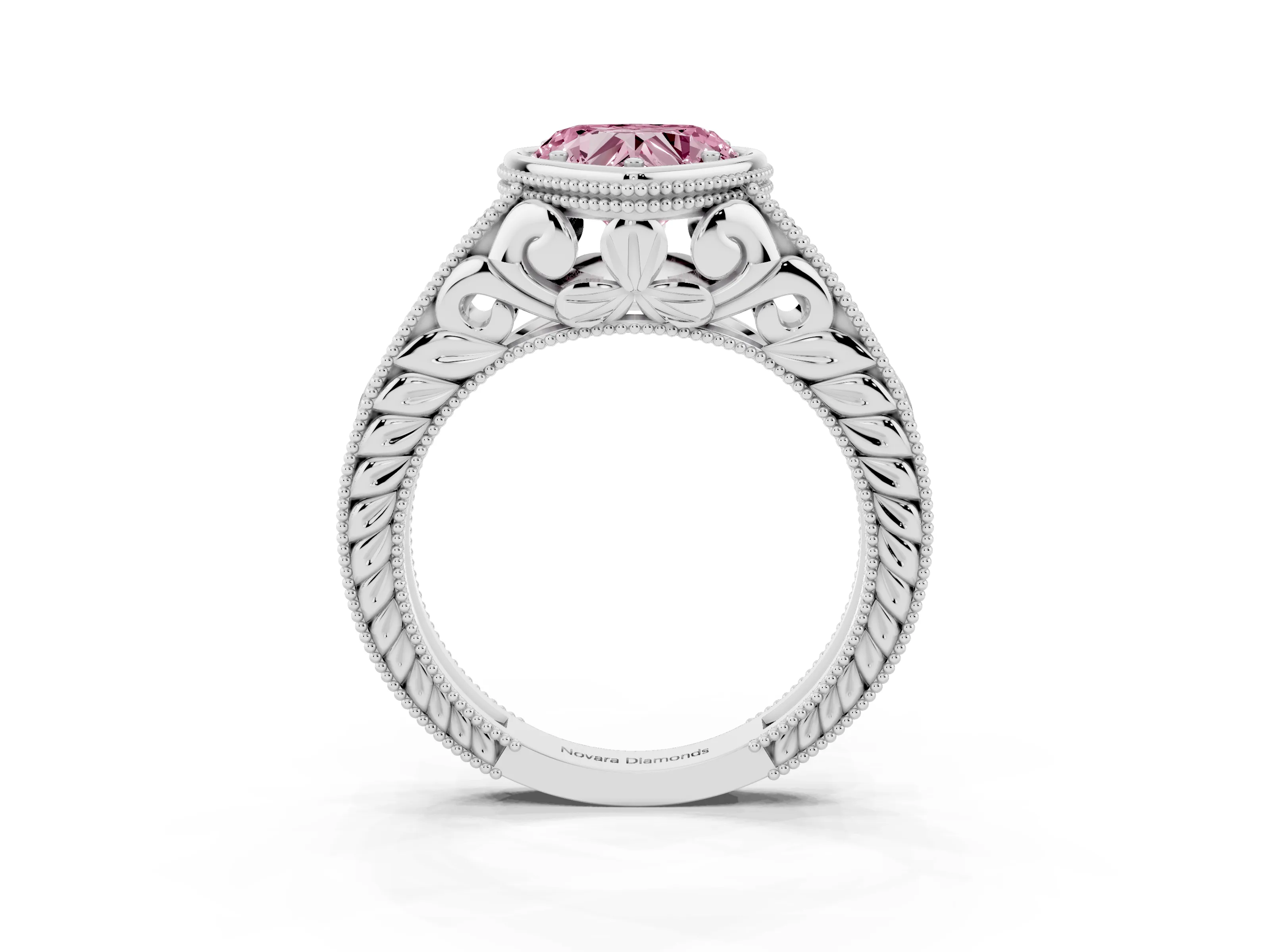 Fancy Pink Bezel Set Heart Cut Diamond Milgrain Pavé Engagement Ring Set in Silver