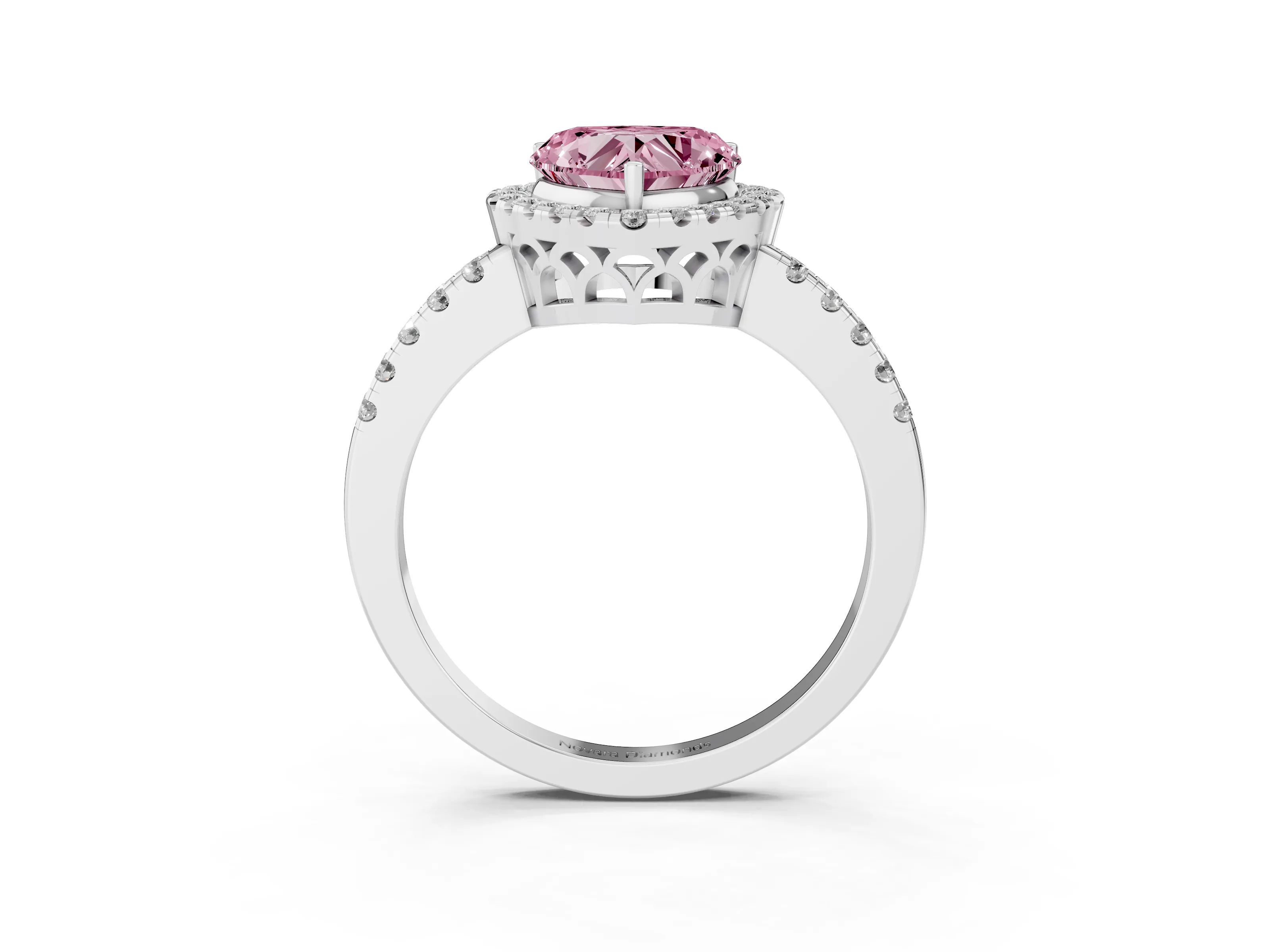 Fancy Pink Heart Cut Diamond Pavé Band Halo Engagement Ring Set in Silver with Prong Setting
