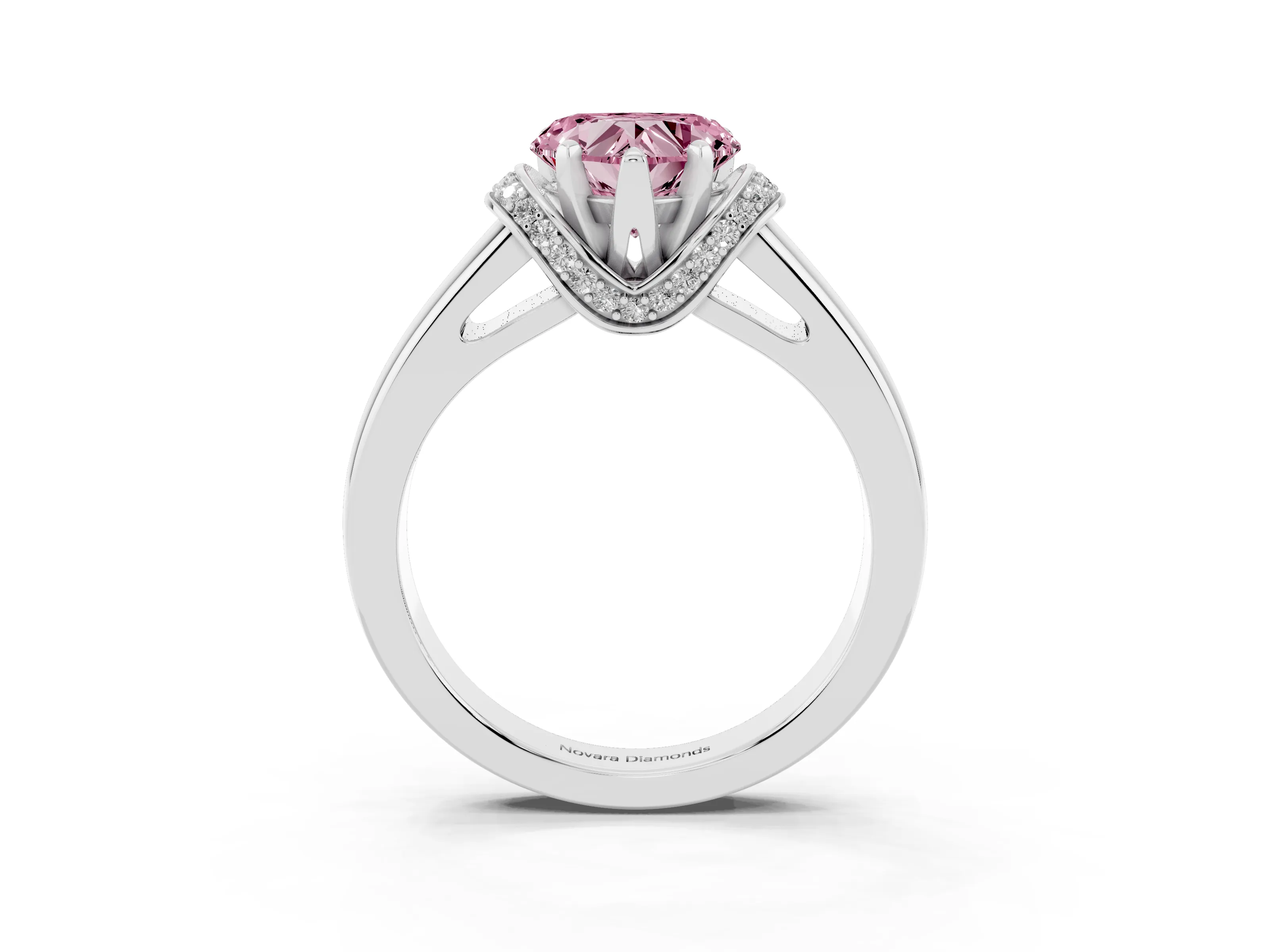Fancy Pink Heart Cut Diamond Pavé Band Solitaire Ring Set in Platinum with Prong Setting
