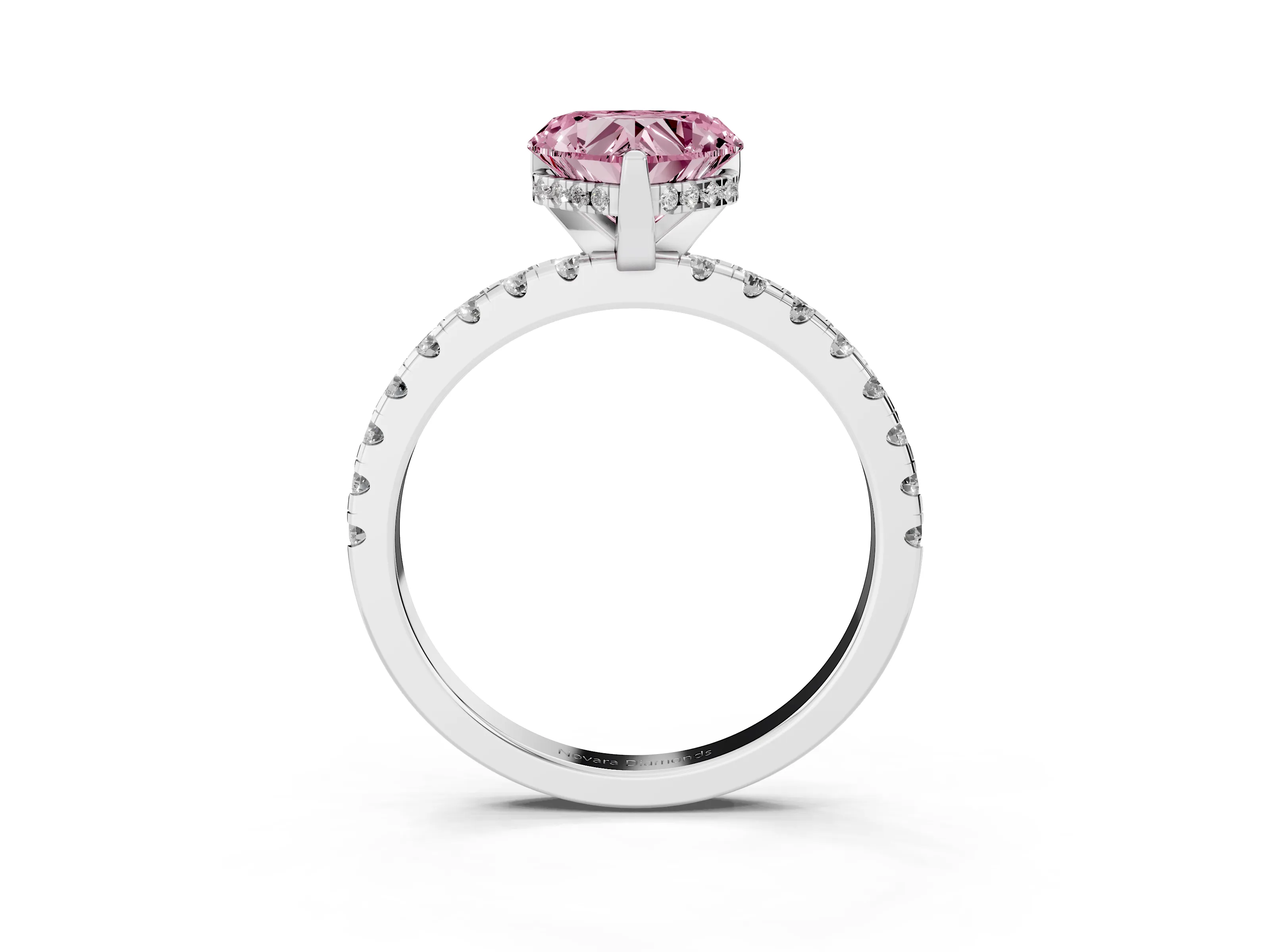 Fancy Pink Heart Cut Diamond Pavé Solitaire Ring Set in White gold with Round Band Accents and Prong Setting