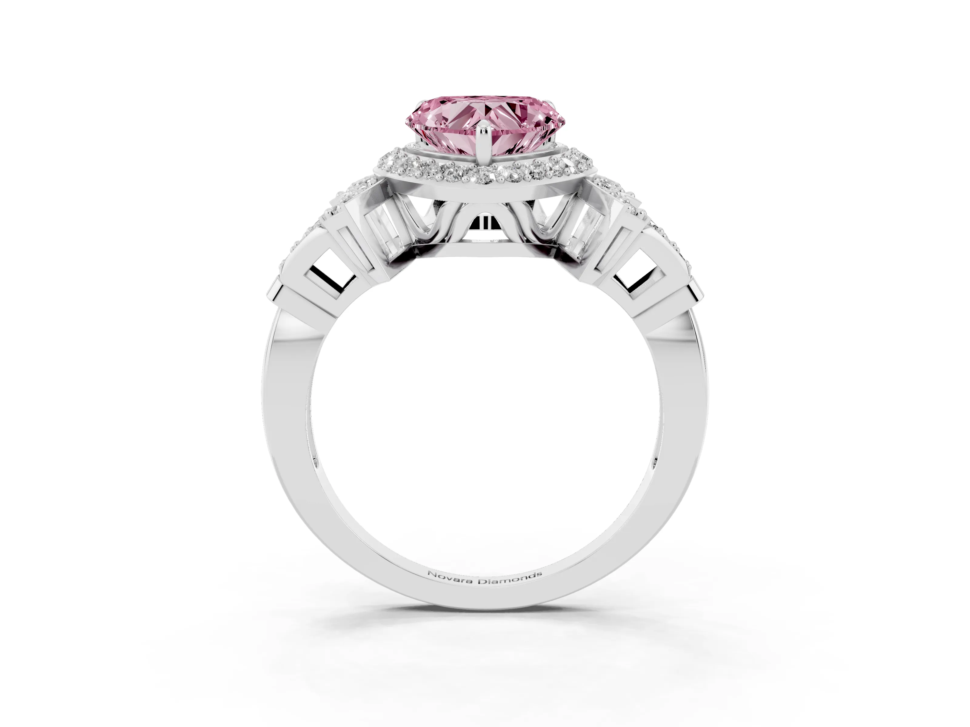 Fancy Pink Heart Cut Diamond Halo Engagement Ring Set in Platinum with Accent Stone Split Shank