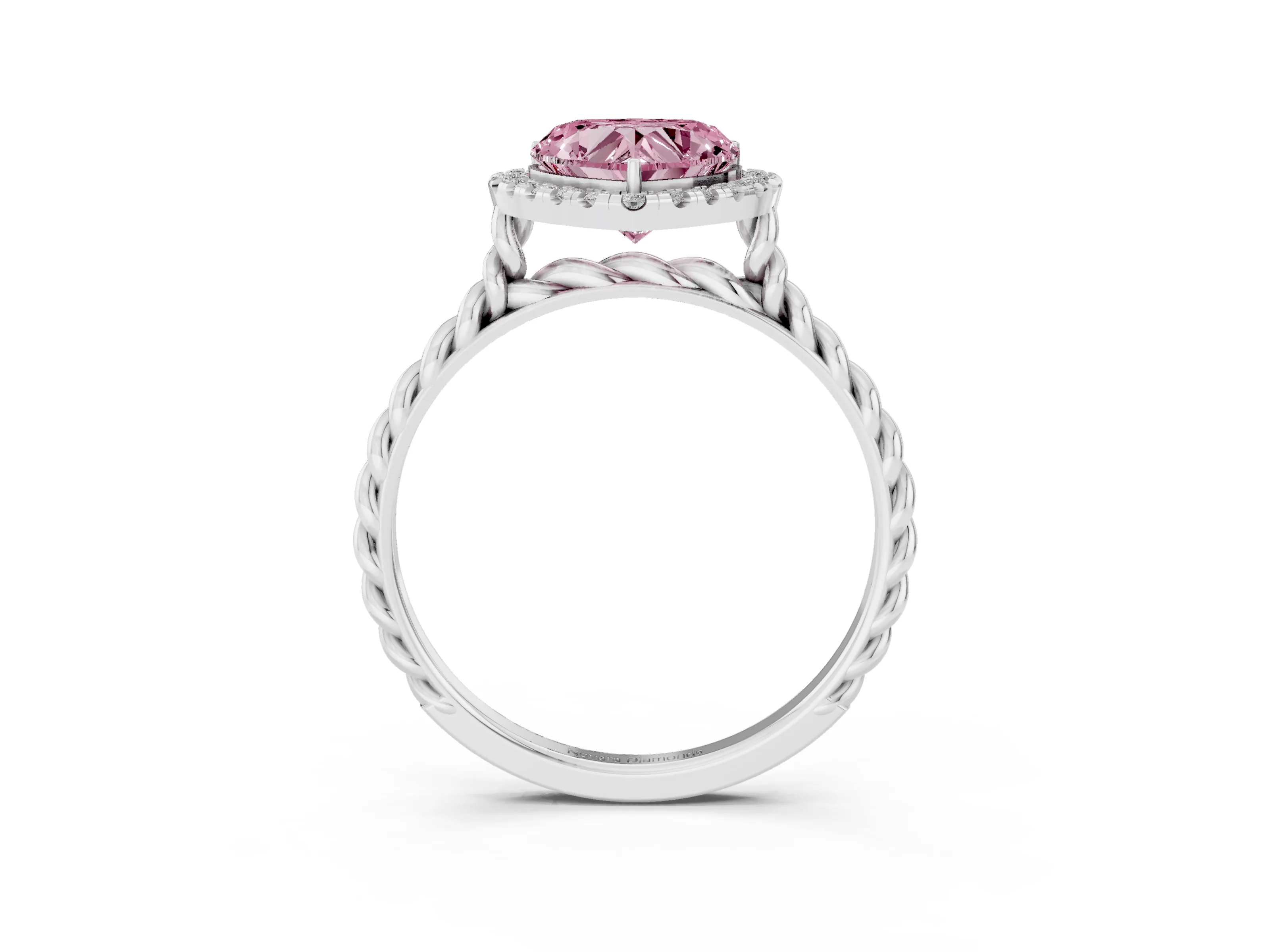 Fancy Pink Heart Cut Diamond Halo Ring Set in White gold with Plain Twisted Band