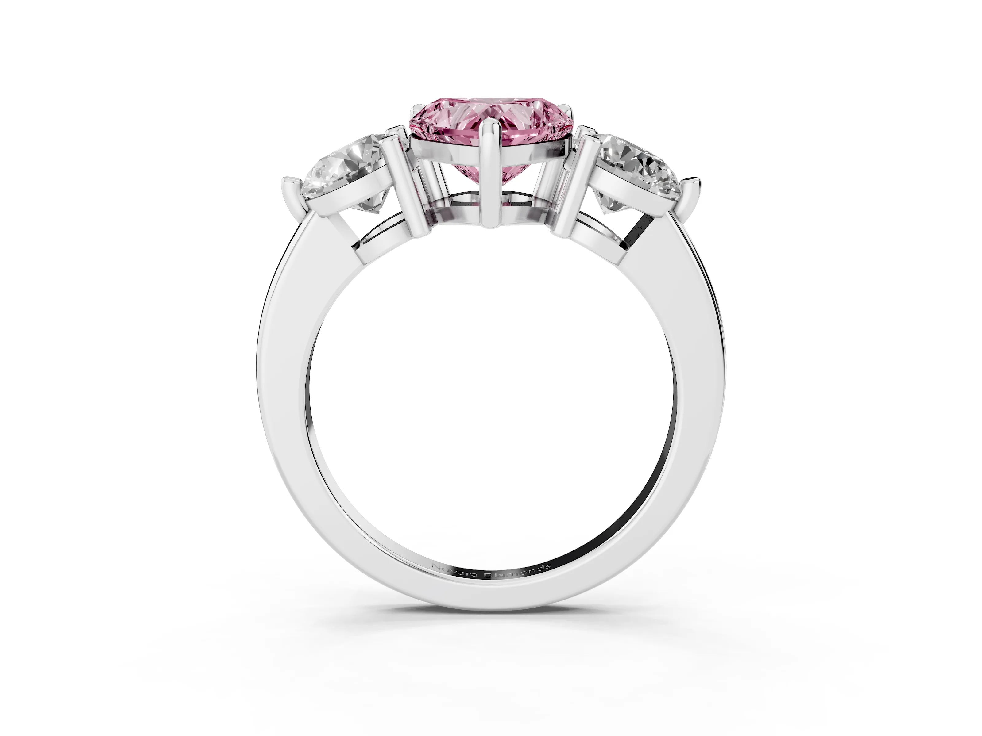 Fancy Pink Heart Cut Diamond Three-Stone Ring Set in White gold with Prong Setting and Classic Band