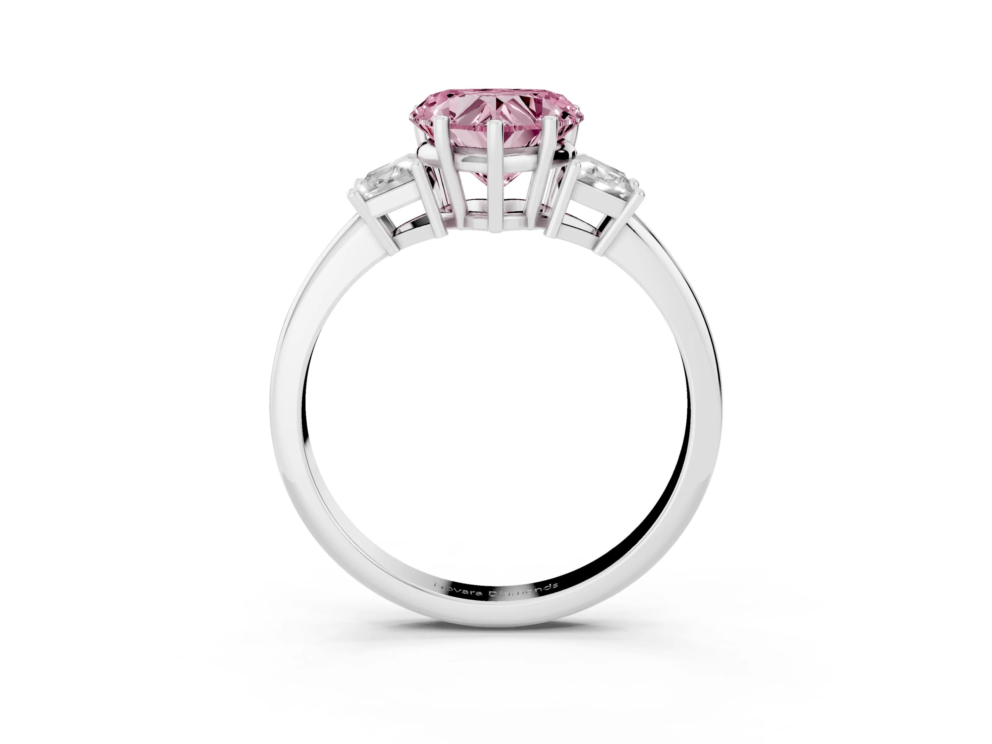 Fancy Pink Heart Cut Diamond Three-Stone Ring Set in Silver with Trapezoid Side Stones and Prong Setting