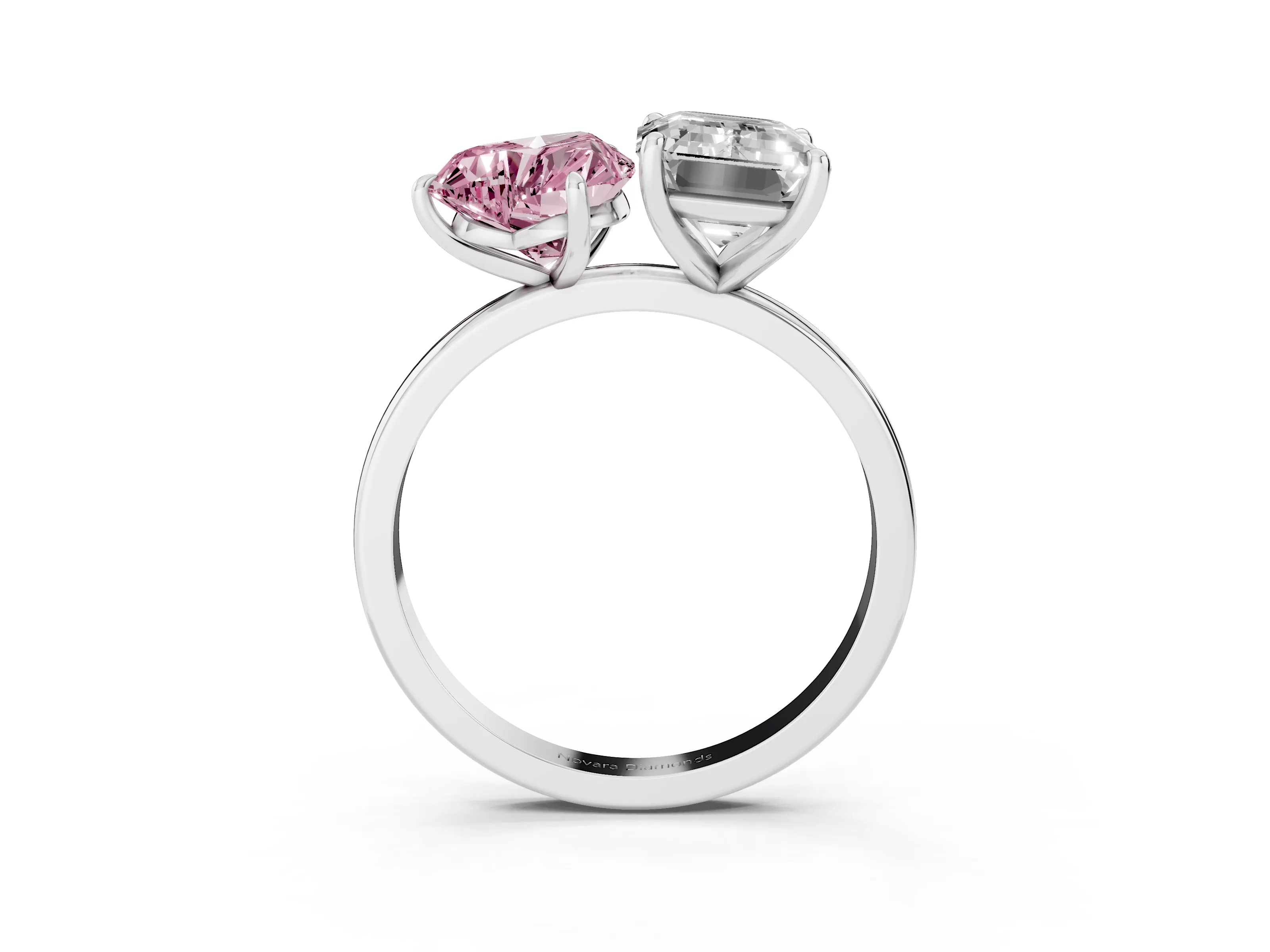 Fancy Pink Heart Cut and Emerald Cut Toi Moi Ring Set in Silver with Prong Setting