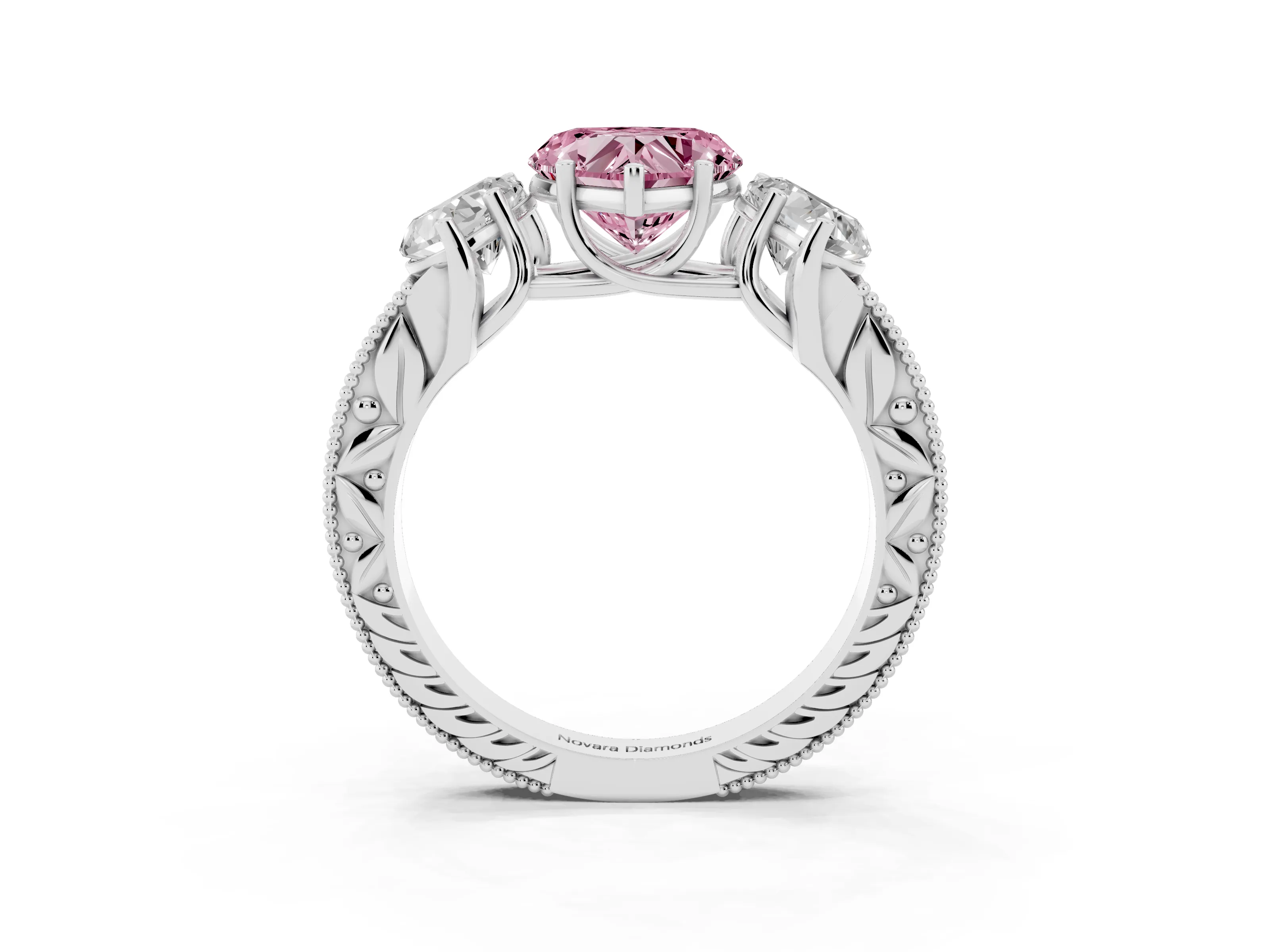 Fancy Pink Heart Cut Diamond Three-Stone Engagement Ring Set in Silver with Milgrain Pavé Band
