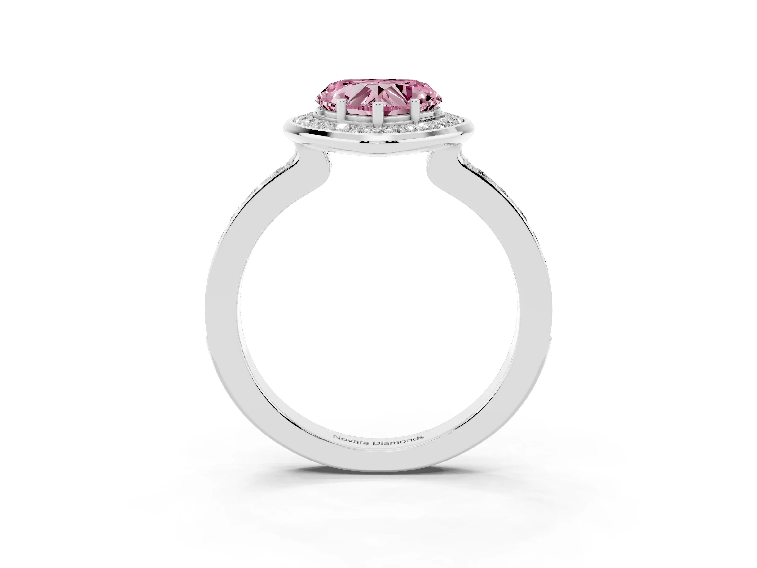 Fancy Pink Heart Cut Diamond Halo Ring Set in Silver with Bezel Frame and Pavé Band