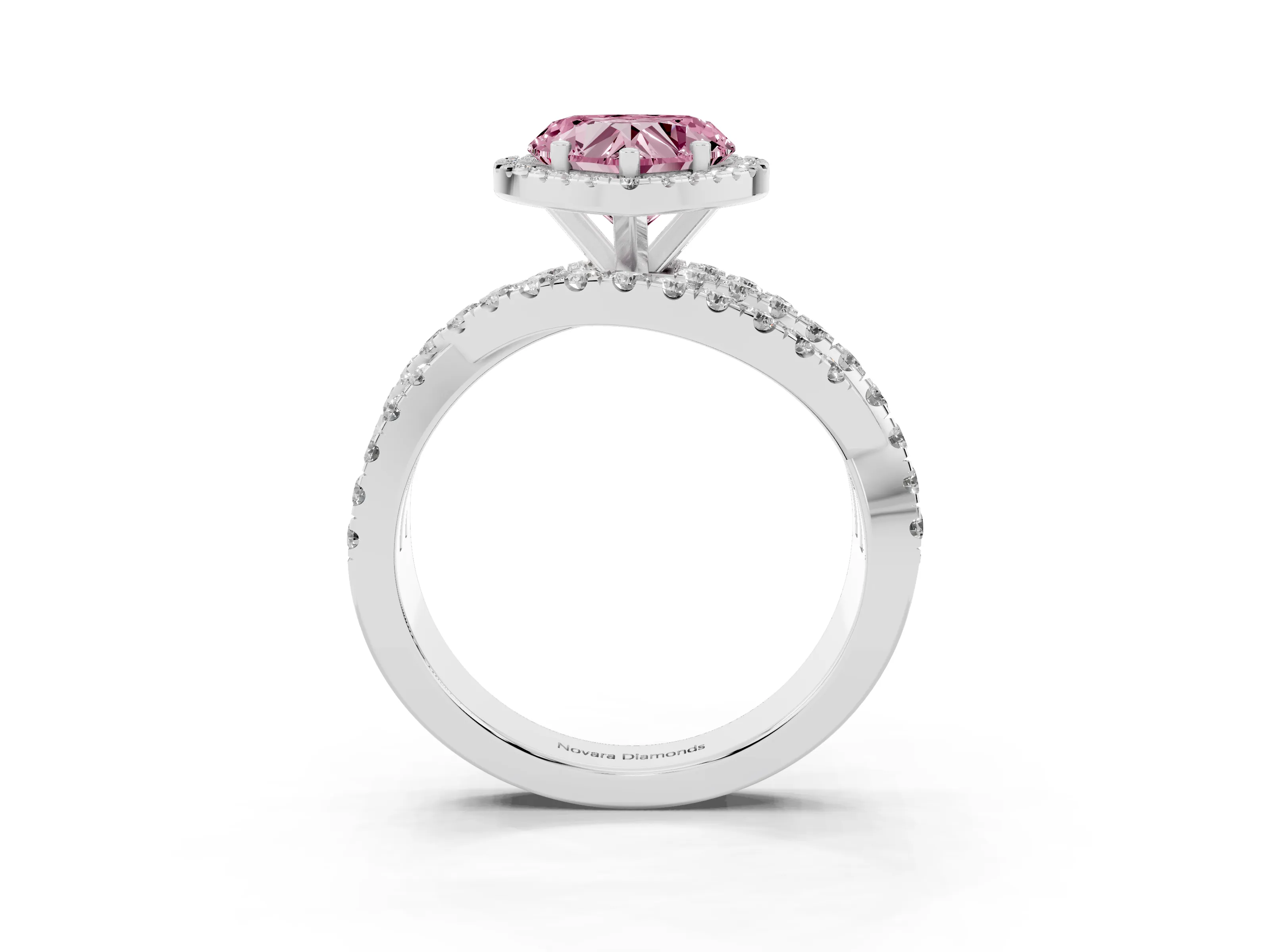 Fancy Pink Heart Cut Diamond Halo Ring Set in Silver with Round Crossover Split Shank and Prong Setting