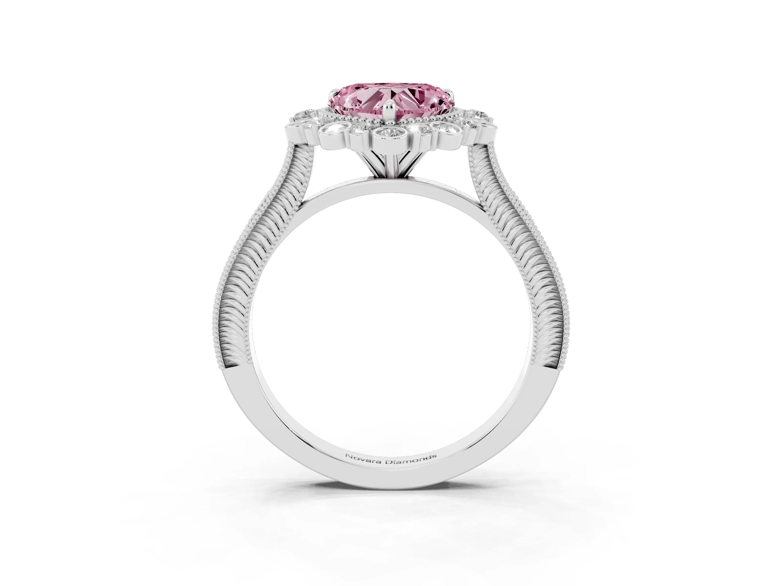 Fancy Pink Heart Cut Diamond Halo Milgrain Pavé Ring Set in White gold with Prong Setting
