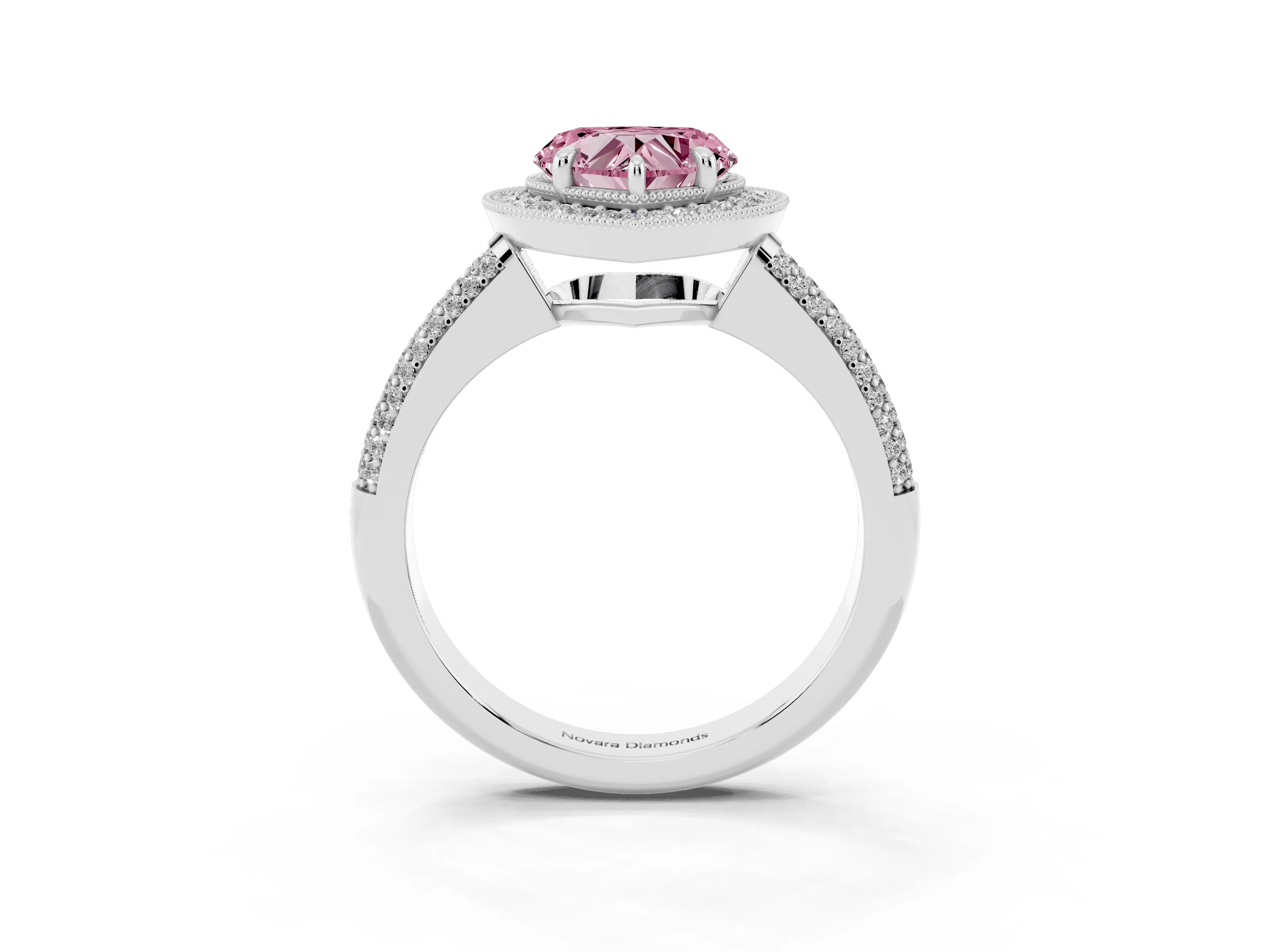 Fancy Pink Heart Cut Diamond Halo Pavé Band Set in Silver with Prong Setting